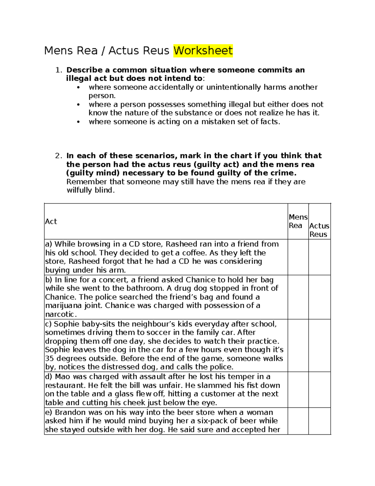 Mens Rea Actus Reus Worksheet FM Mens Rea / Actus Reus Worksheet 1