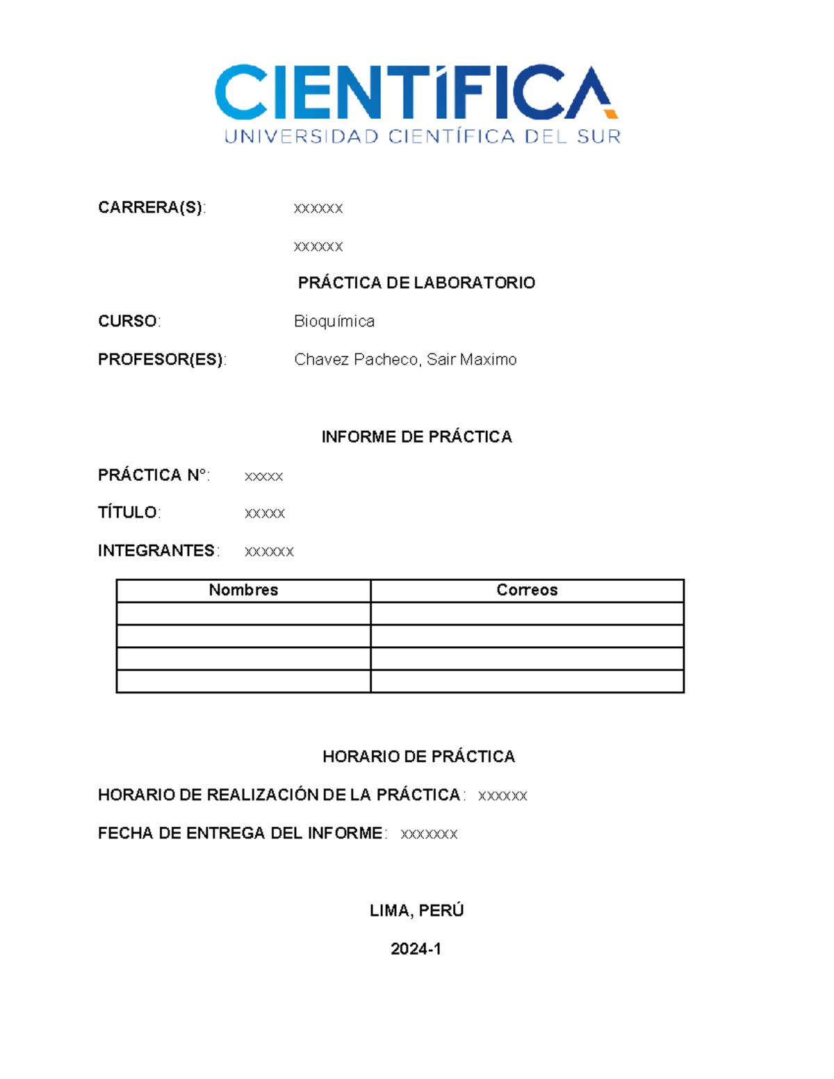 Carátula Bioquímica Bioquimica Carreras Xxxxxx Xxxxxx PrÁctica De Laboratorio Curso 7962