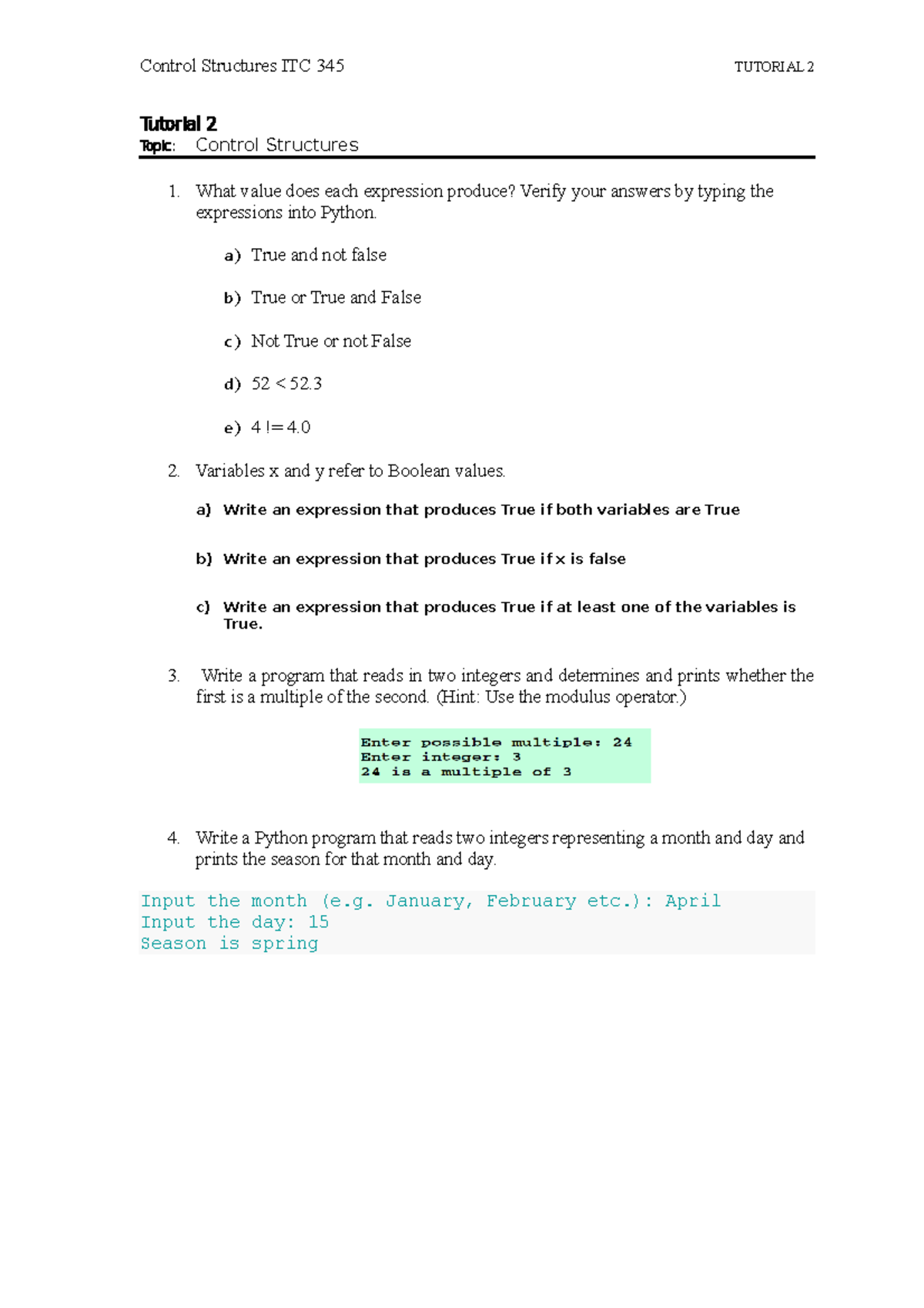 Tutorial 2- Control Structures - Control Structures ITC 345 TUTORIAL 2 ...