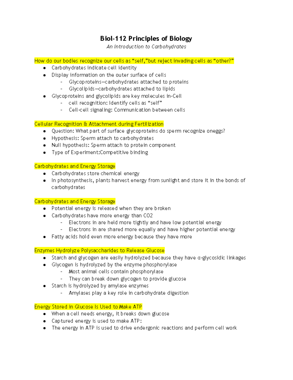 Biol-112 Principles Of Biology An Introduction To Carbohydrates - Studocu