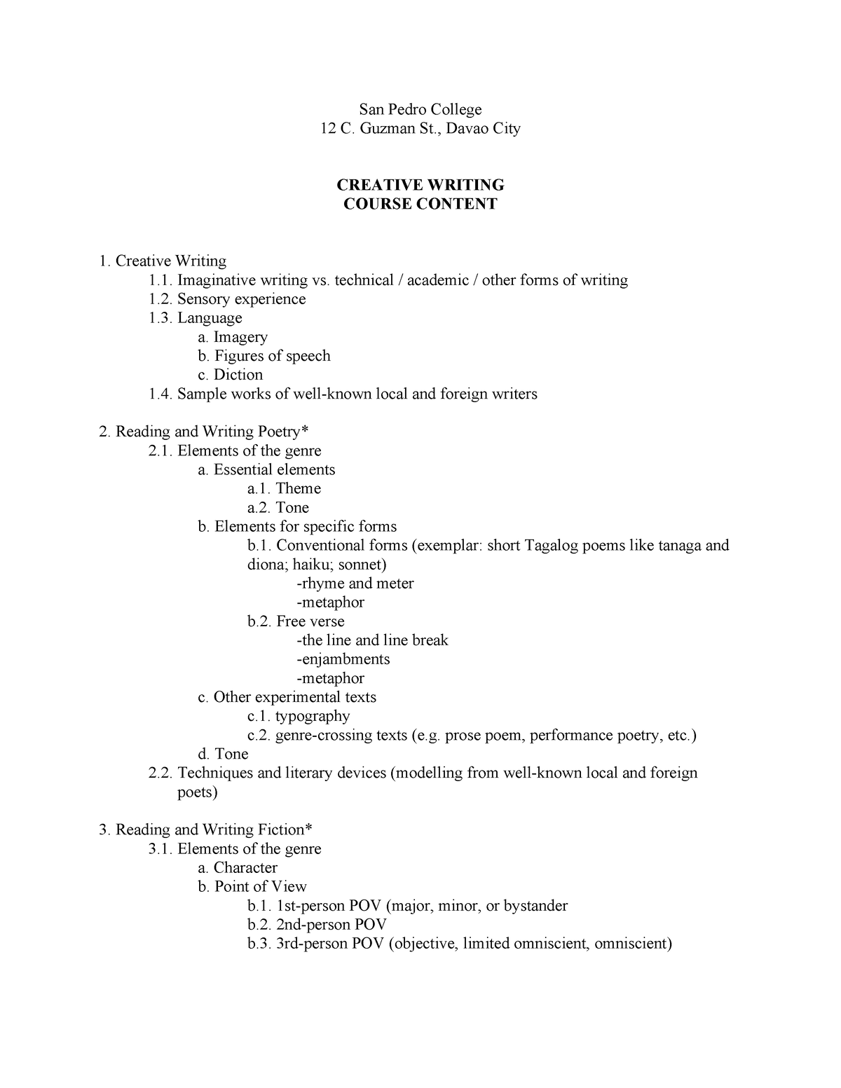 creative writing course outline pdf