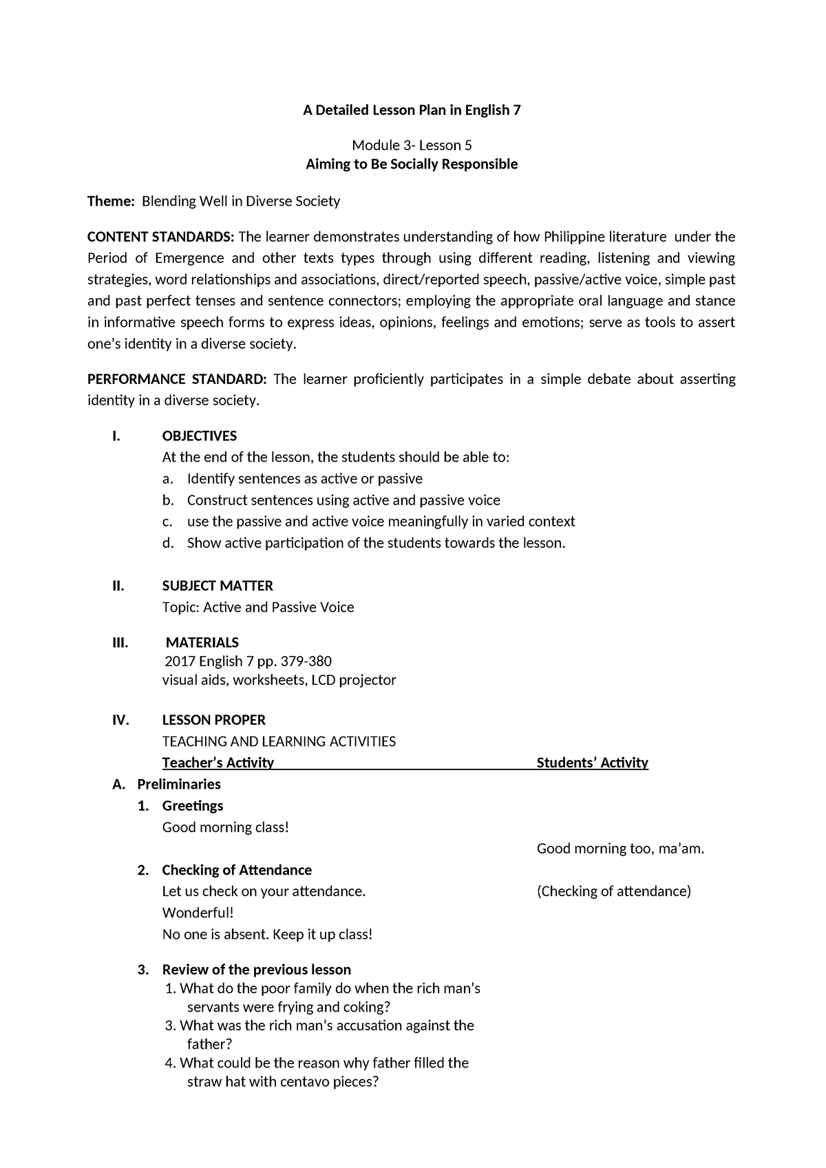 Demo lesson plan-3rd grading- active and passive voice - A Detailed ...