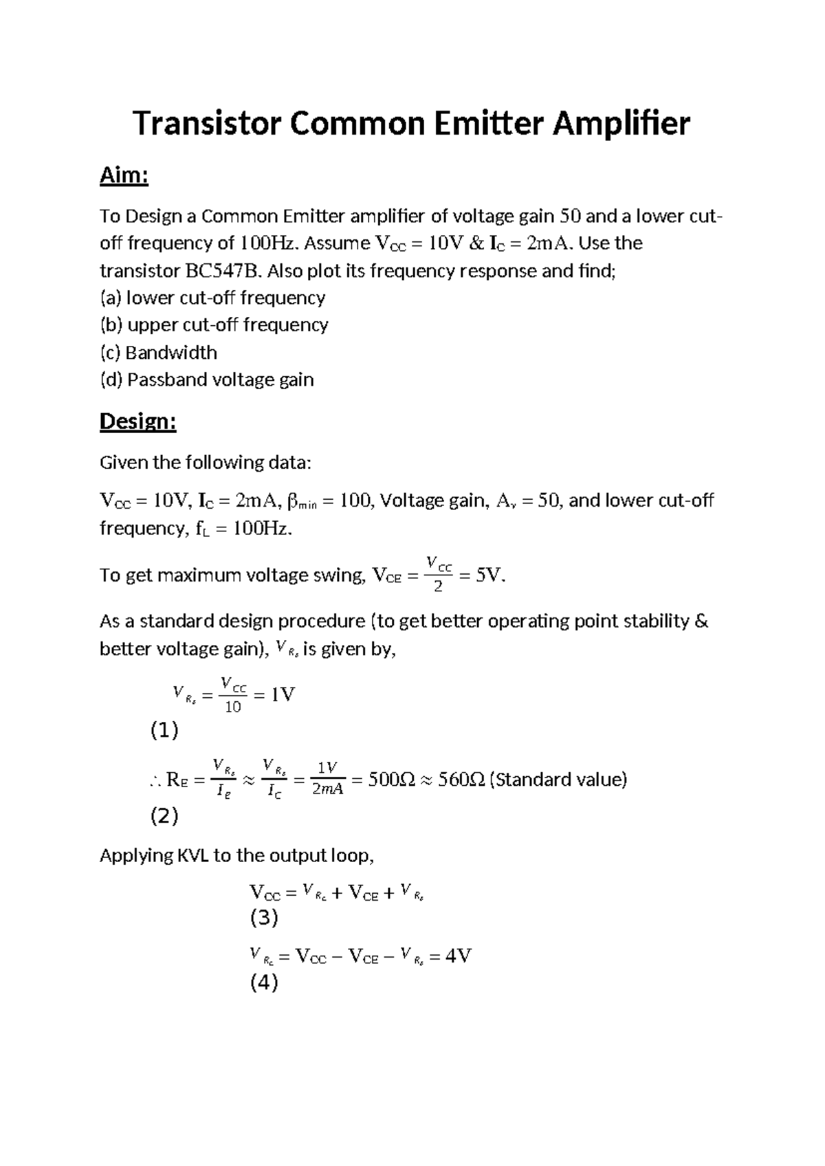 Transistor CE Amplifier - Transistor Common Emitter Amplifier Aim: To ...