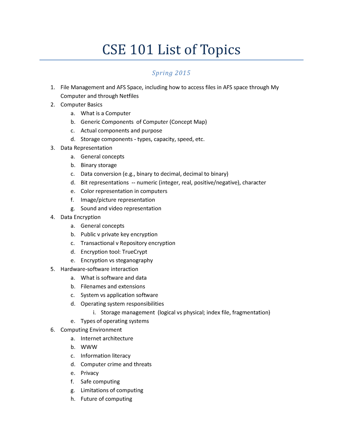 List Of Topics CSE101 SS15 CSE 101 List of Topics Spring 201 5 File