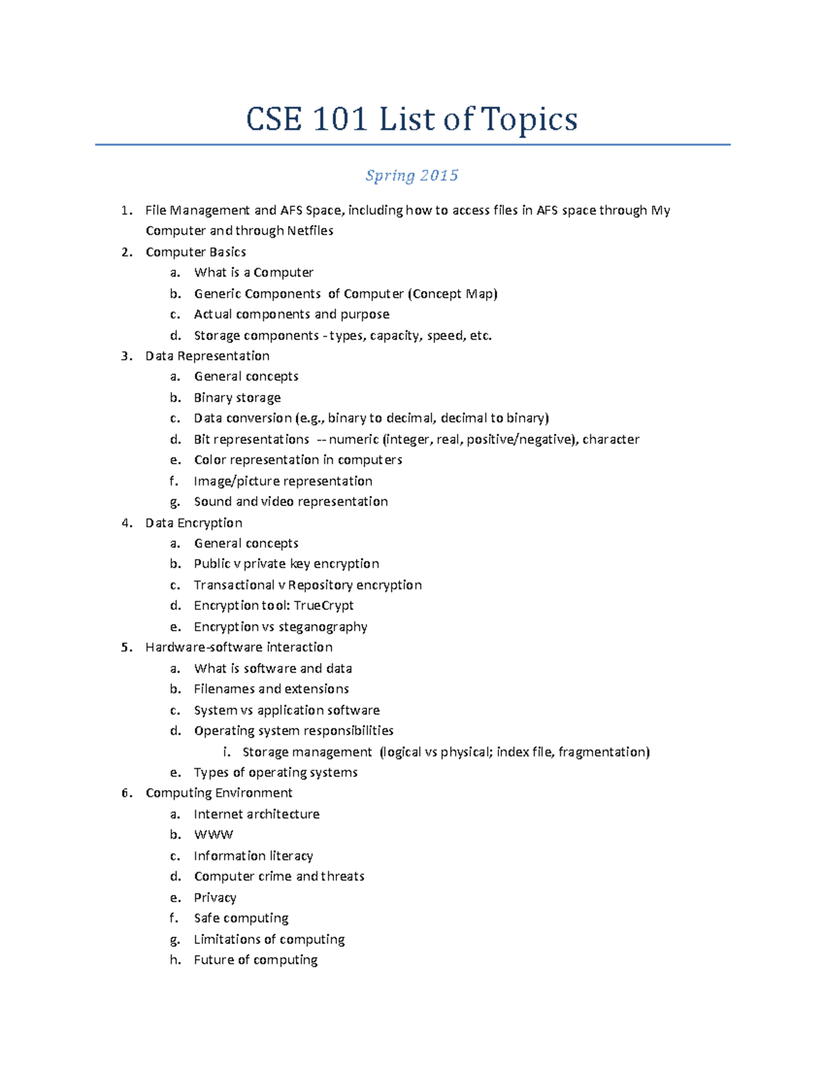 List Of Topics CSE101 SS15 CSE 101 List Of Topics Spring 201 5 File 