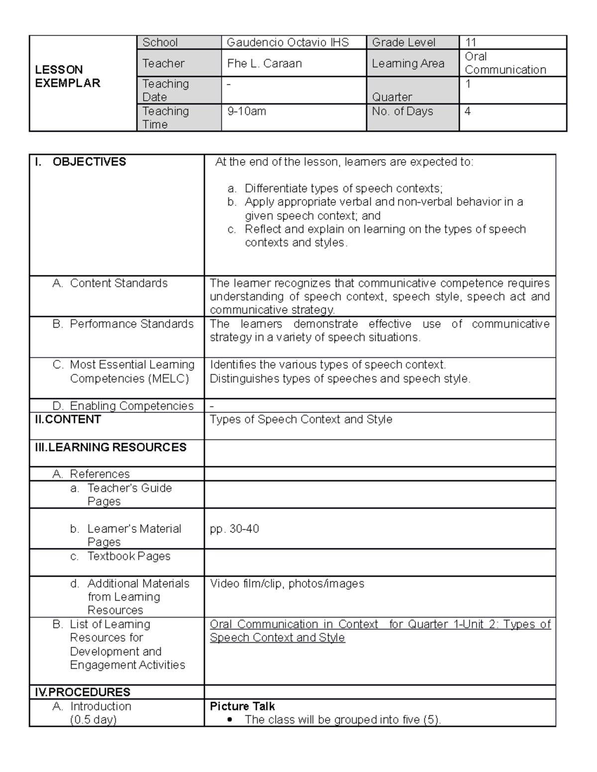 FLC Lesson Exemplar ORAL COM - LESSON EXEMPLAR School Gaudencio Octavio ...