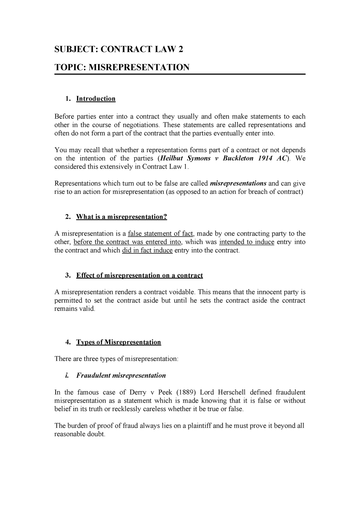 Contract II Misrepresentation - SUBJECT: CONTRACT LAW 2 TOPIC ...