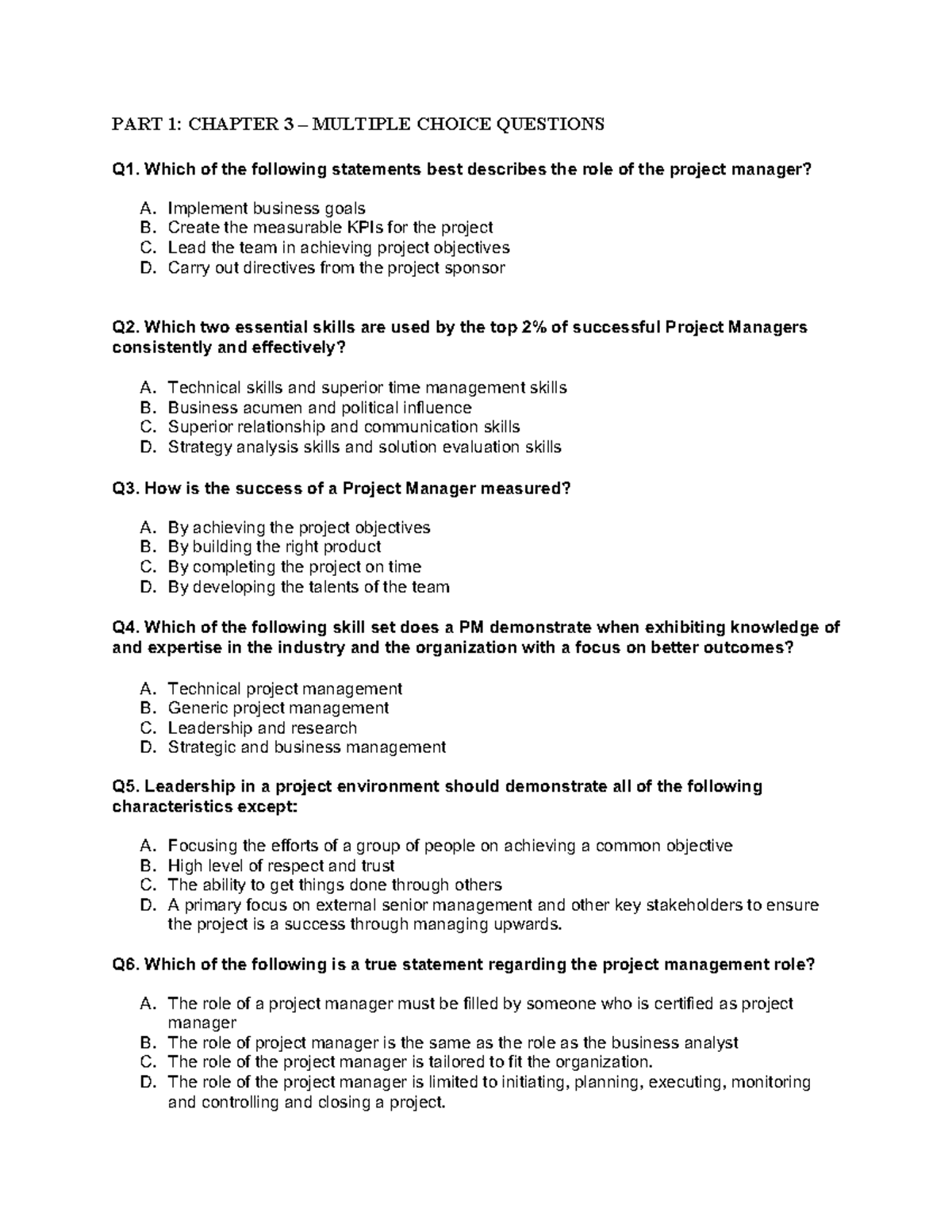 PART 1 - Chapter 3 - Role Of Project Manager - MCQs - PART 1: CHAPTER 3 ...