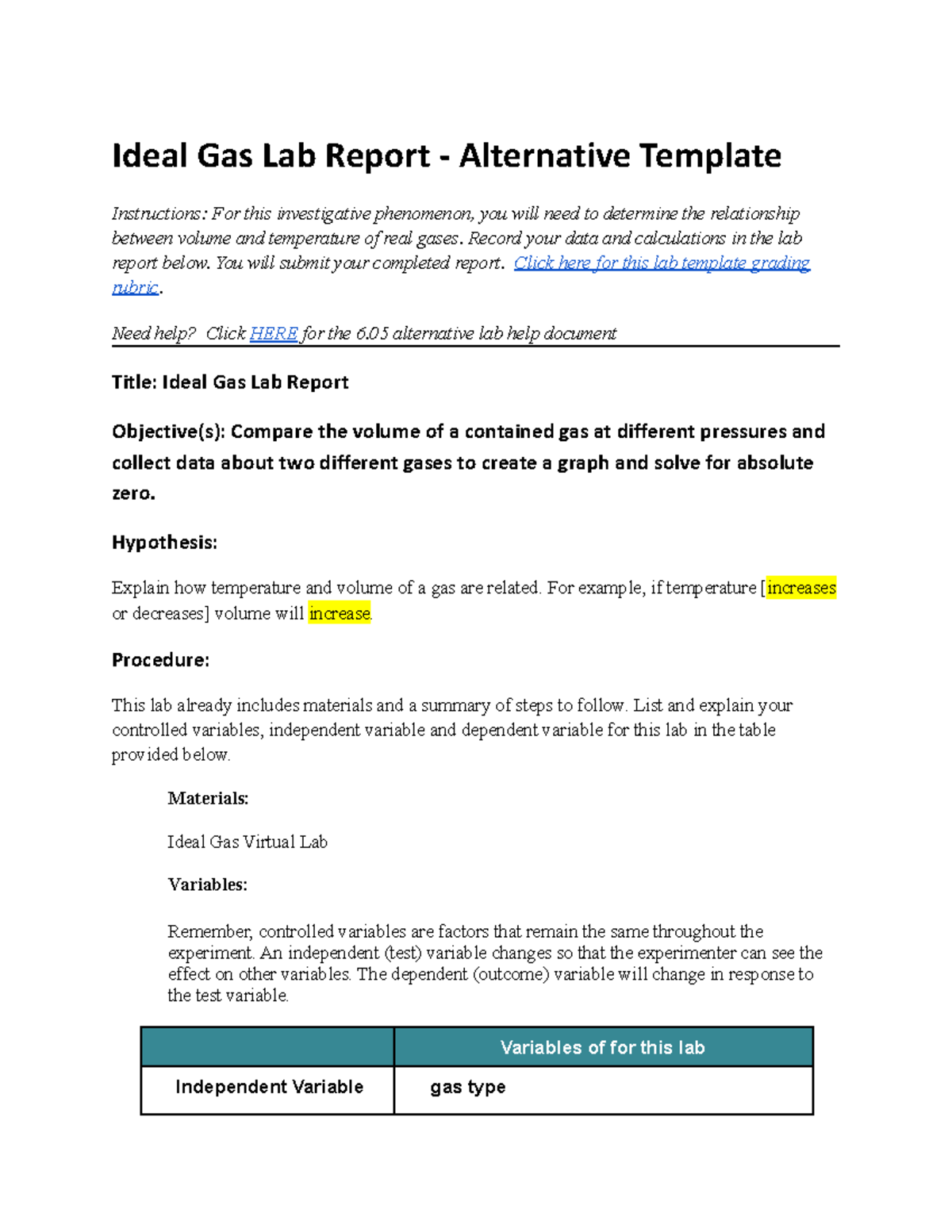 6.05 Ideal Gas Lab Alternative Template Ideal Gas Lab Report