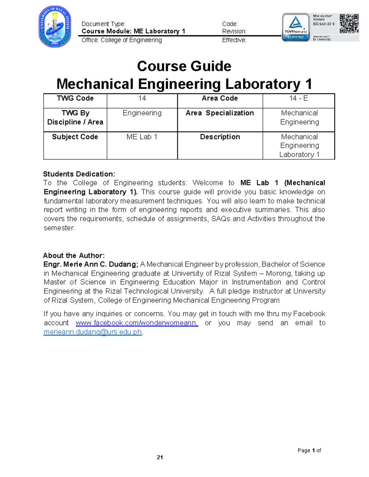 Course Guide Mechanical Engineering Laboratory - Day 1 - Page 1 Of ...