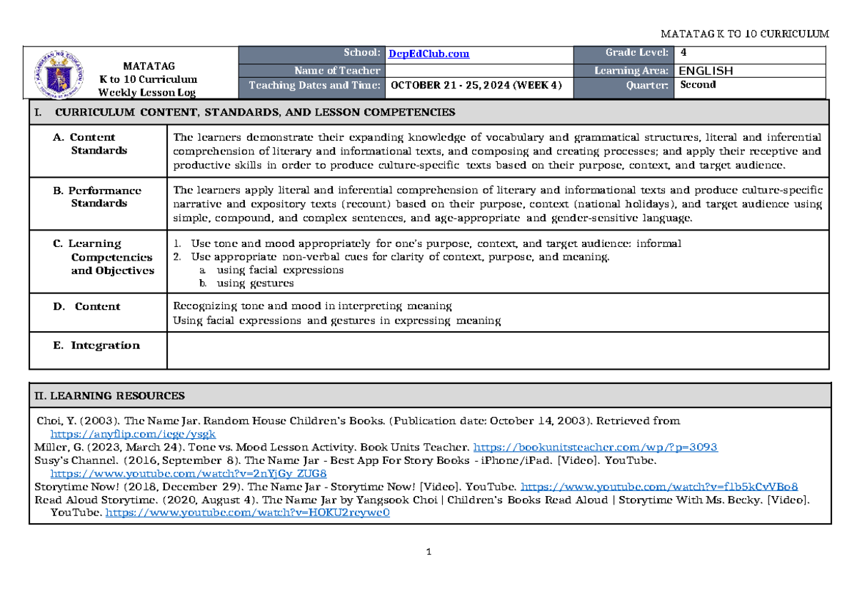 DLL Matatag English 4 Q2 W4 - MATATAG K to 10 Curriculum Weekly Lesson ...