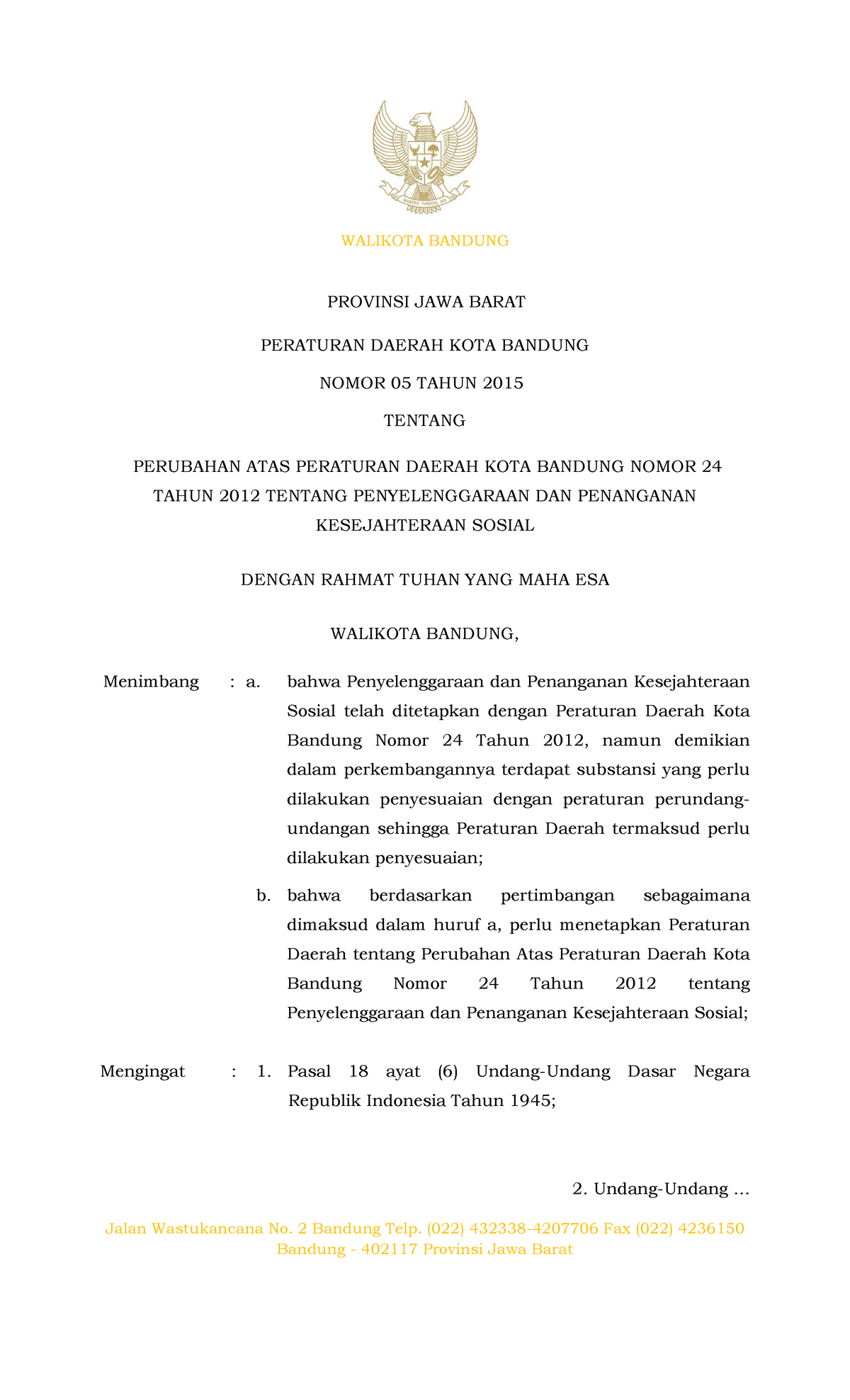 Perda No. 5 Tahun 2015 Kesos - Jalan Wastukancana No. 2 Bandung Telp ...