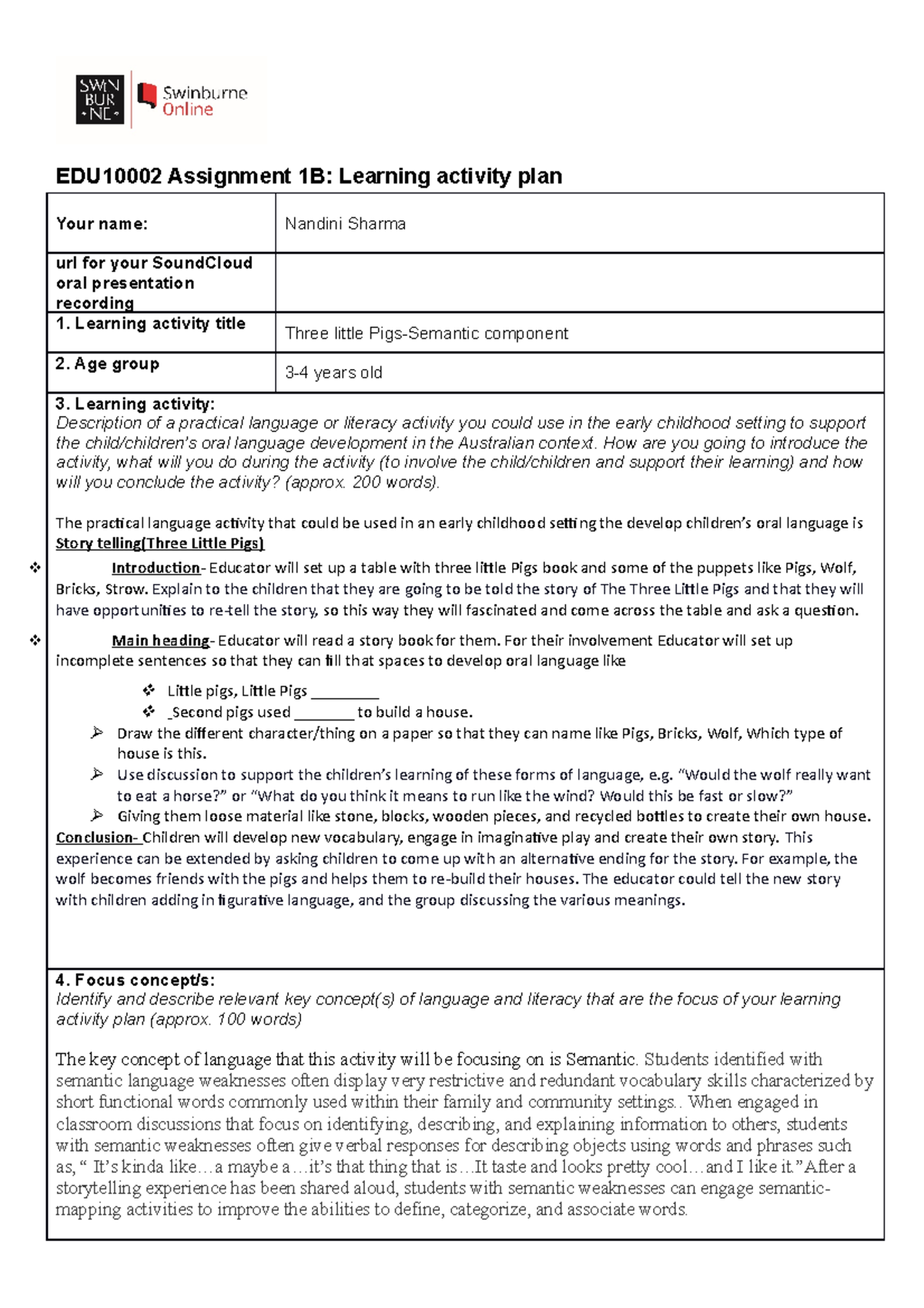 Assignment 1b Learning Activity Template Plan - EDU10002 Assignment 1B ...