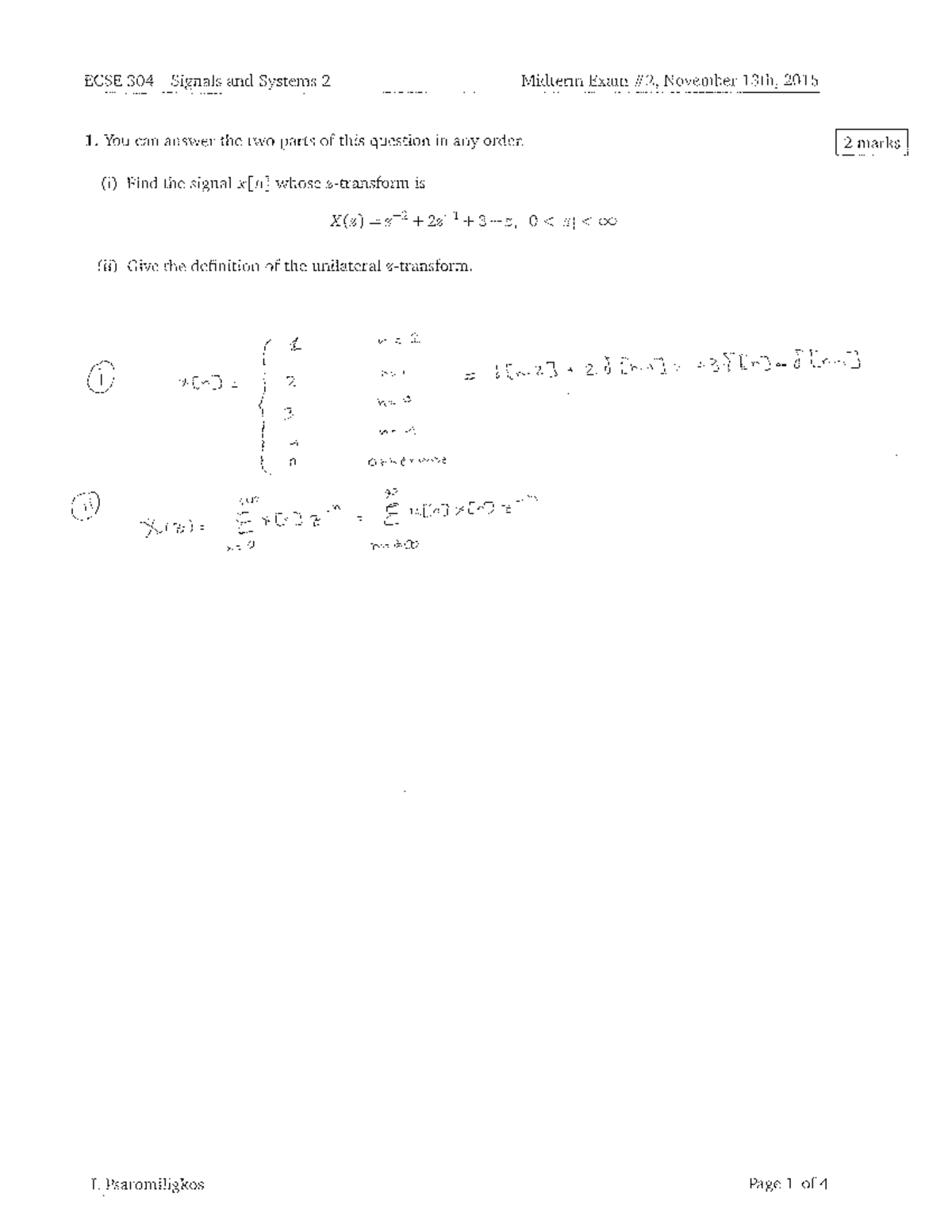 Exam 13 November 2015, questions and answers - ECSE 304 _ Signals and ...