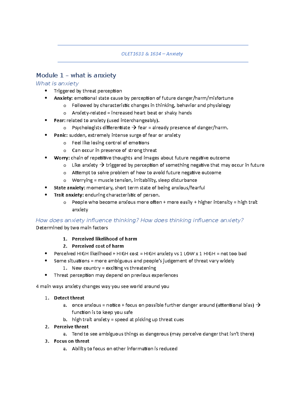 OLET1633-1634 Anxiety and its disorders module 1 summary notes ...