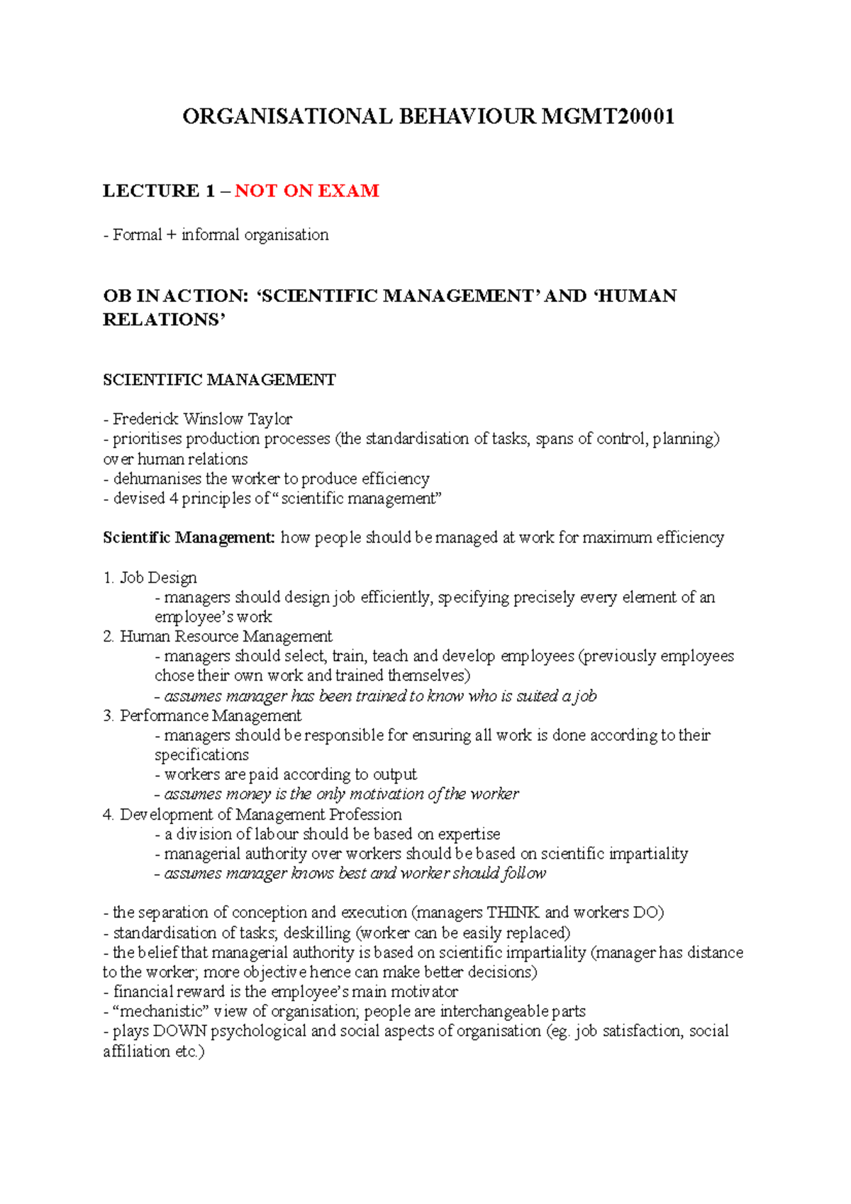 OB notes 1 (Autosaved) - ORGANISATIONAL BEHAVIOUR MGMT20001 LECTURE 1 ...