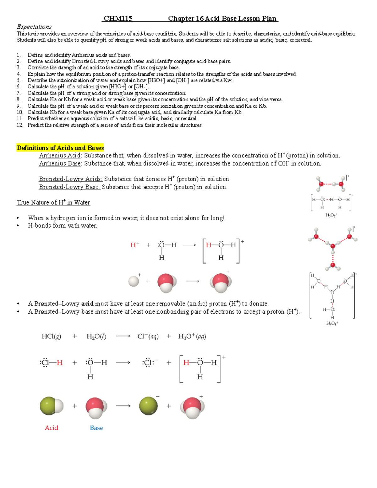 Ch 16 Acid Base Lesson Plan SP2023 - CHM115 Chapter 16 Acid Base Lesson ...