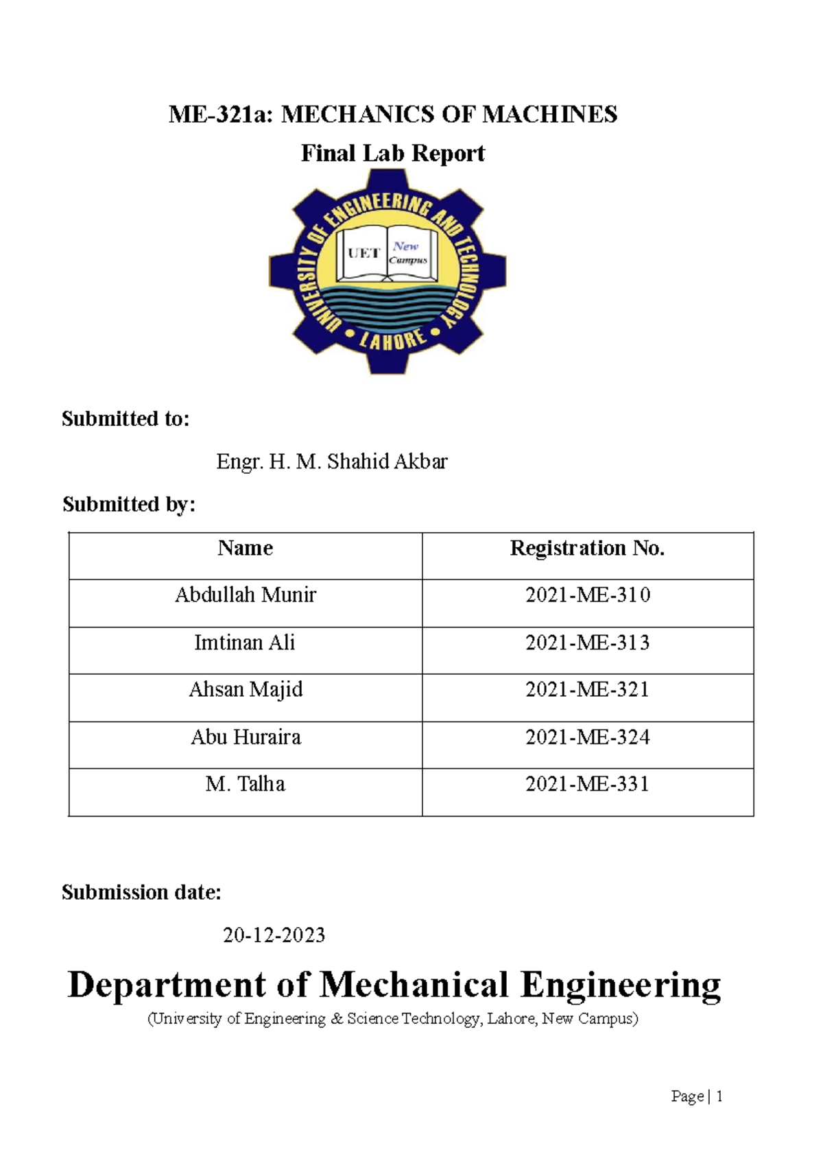 Group 3 mmc - LAB REPORT - ME-321a: MECHANICS OF MACHINES Final Lab ...