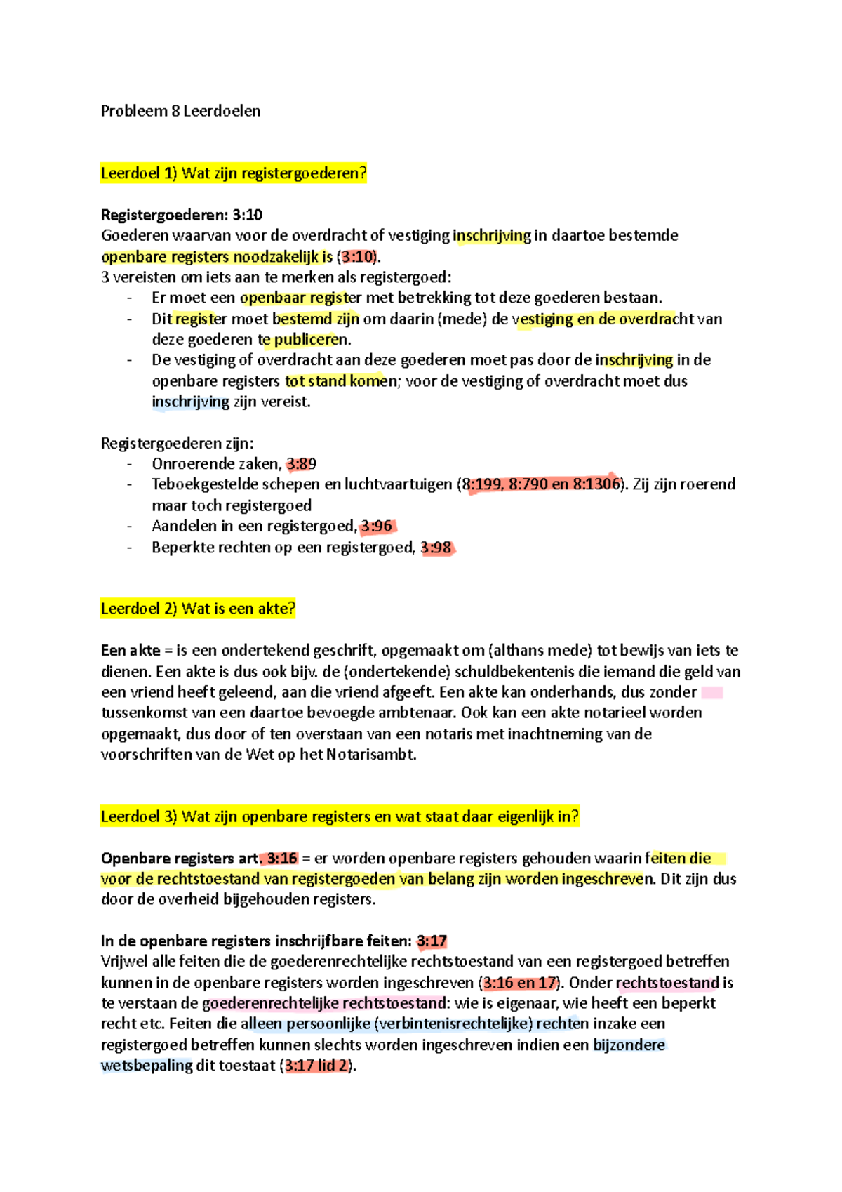 Probleem 8 leerdoelen registergoed, akte, openbare registers