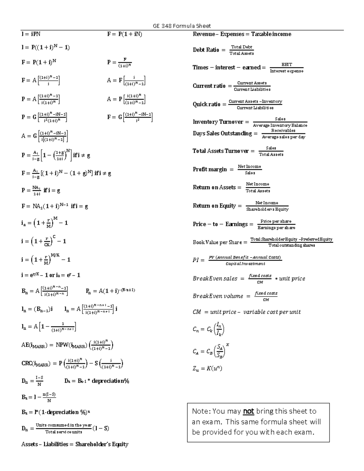 GE 348 Formula sheet - GE 348 Formula Sheet I = iPN F = Pሺ1 +iN ሻ I ...