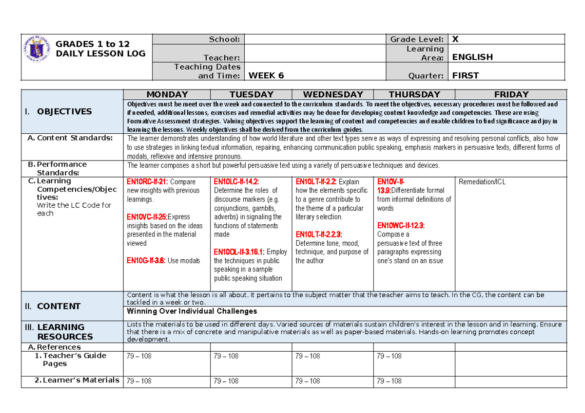 Scribd - notes - GRADES 1 to 12 DAILY LESSON LOG School: Grade Level: X ...