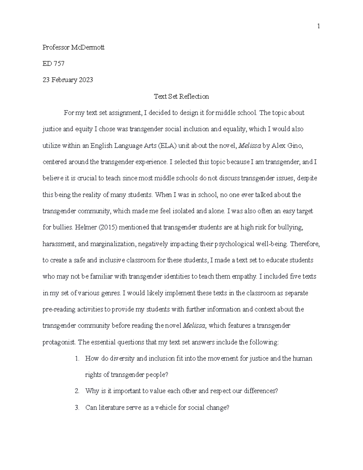Text Set Assignment (Paper) - Professor McDermott ED 757 23 February ...