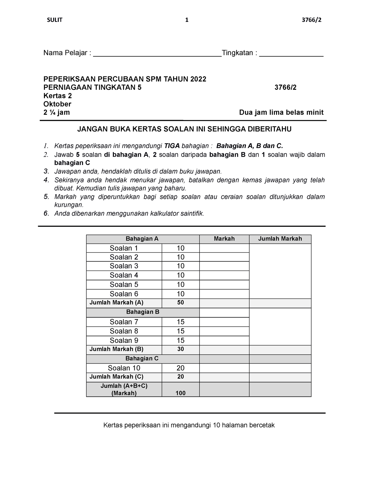 Soalan PPC Perniagaan Kertas 2 SPM 2022 - Nama Pelajar ...