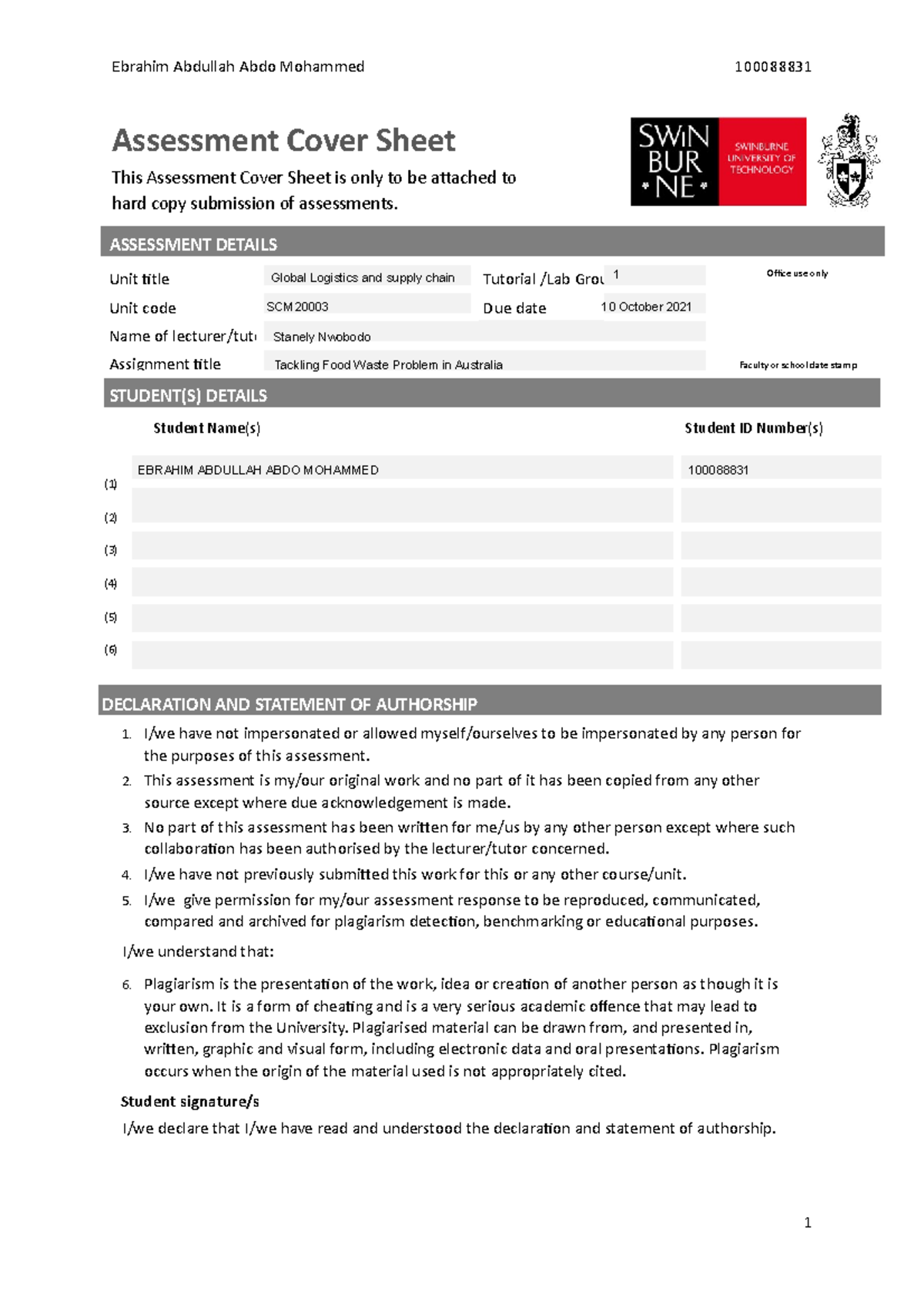 SCM2000 3 Assignment 1 - (1) (2) (3) (4) (5) (6) EBRAHIM ABDULLAH ABDO ...