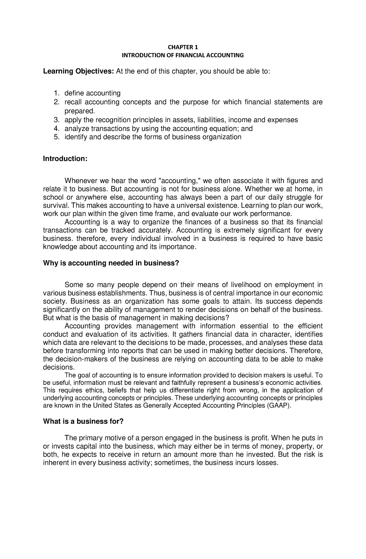 Chapter I - Introduction To Financial Accounting - CHAPTER 1 ...