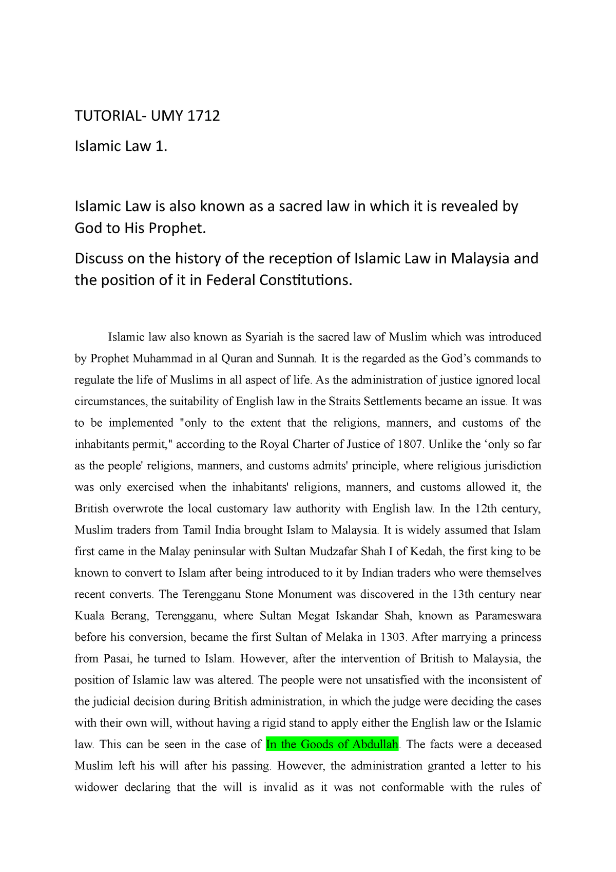 MLS tutorial 2 - lesko - TUTORIAL- UMY 1712 Islamic Law 1. Islamic Law ...