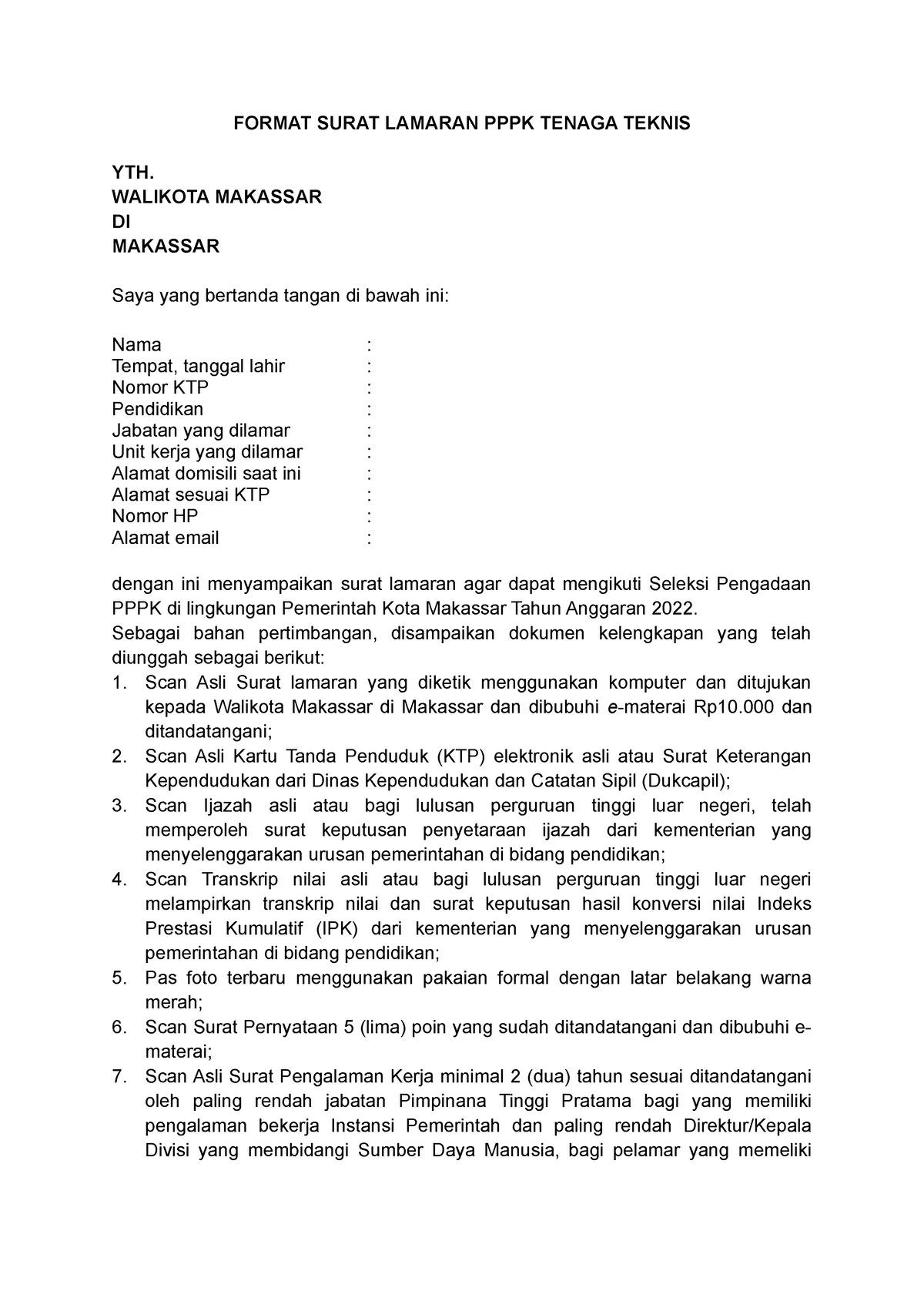 Format Surat Lamaran Pppk Teknis Pemkot Makassar Tahun Format Surat Lamaran Pppk Tenaga