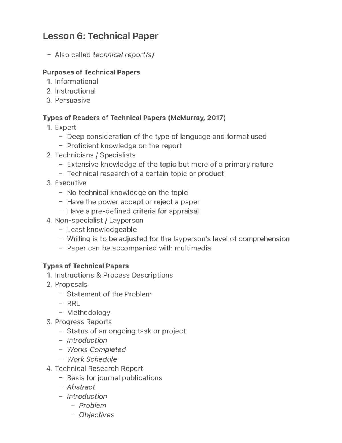 Lesson 6: Technical Paper - – 1. 2. 3. 1. – – 2. – – 3. – – – 4 ...