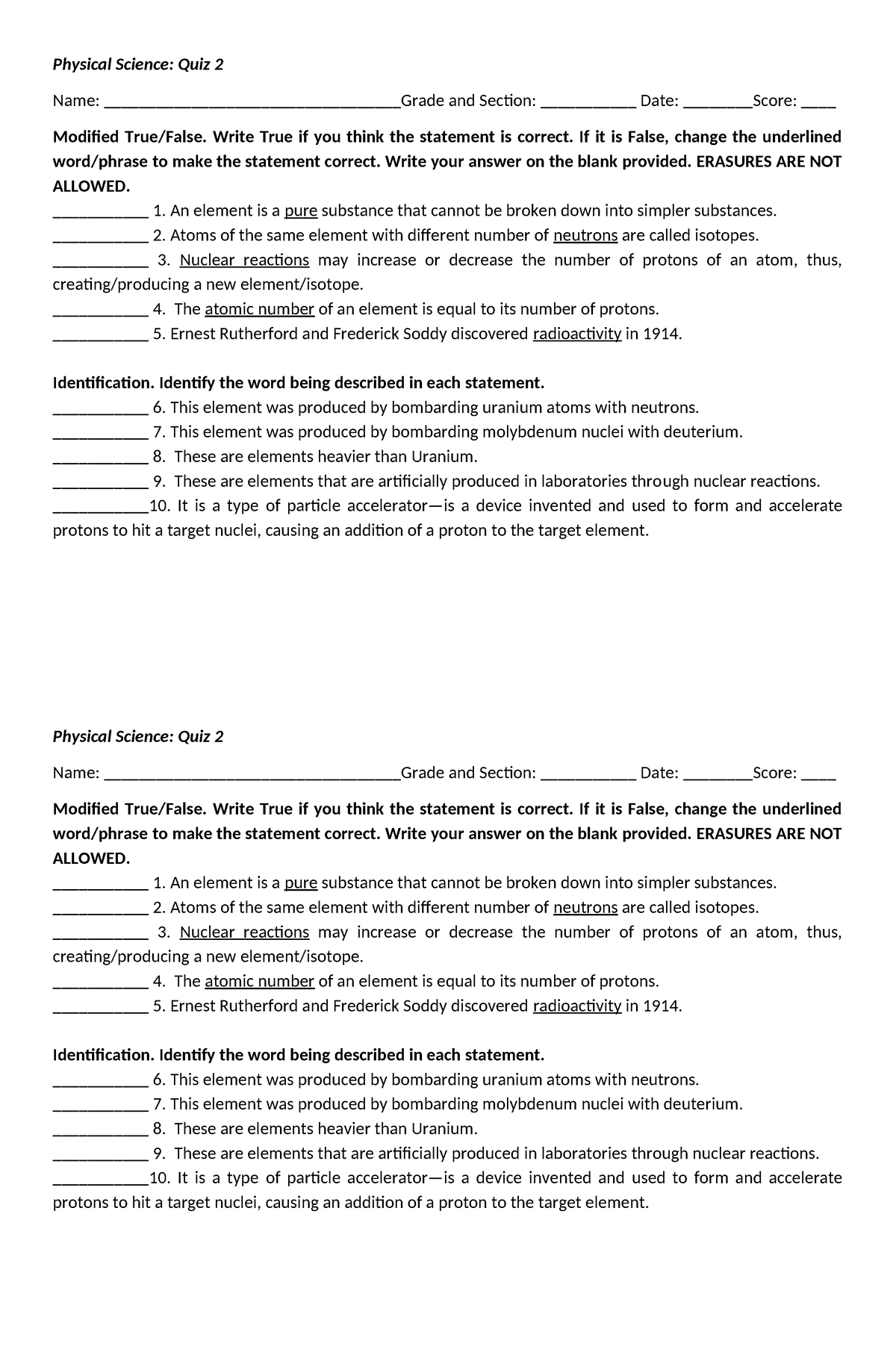 Physical Science-Quiz 2 - Physical Science: Quiz 2 Name