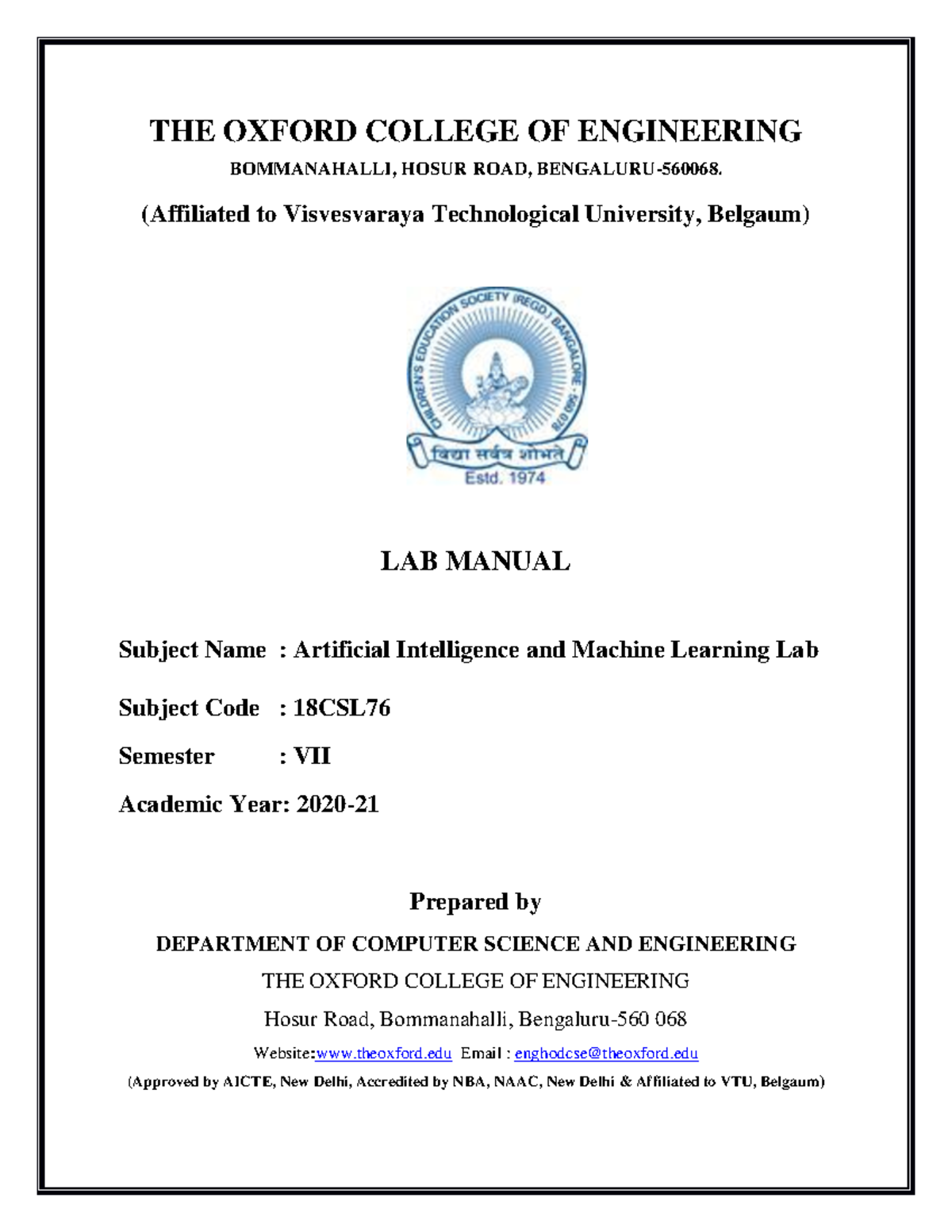 18CSL76 AIML Lab Manual 2023 THE OXFORD COLLEGE OF ENGINEERING