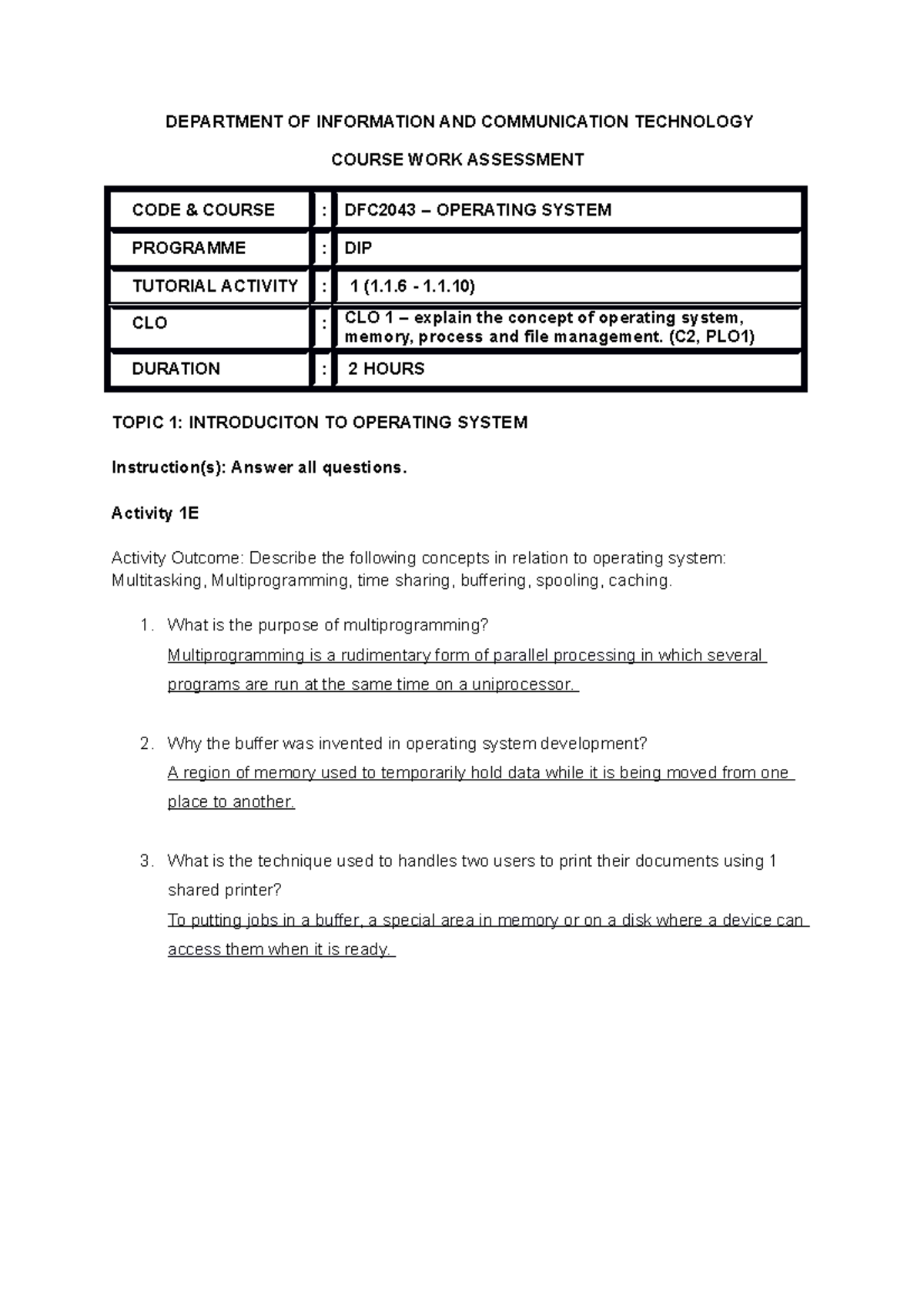 Operating System Exercise T1 Ans - DEPARTMENT OF INFORMATION AND ...