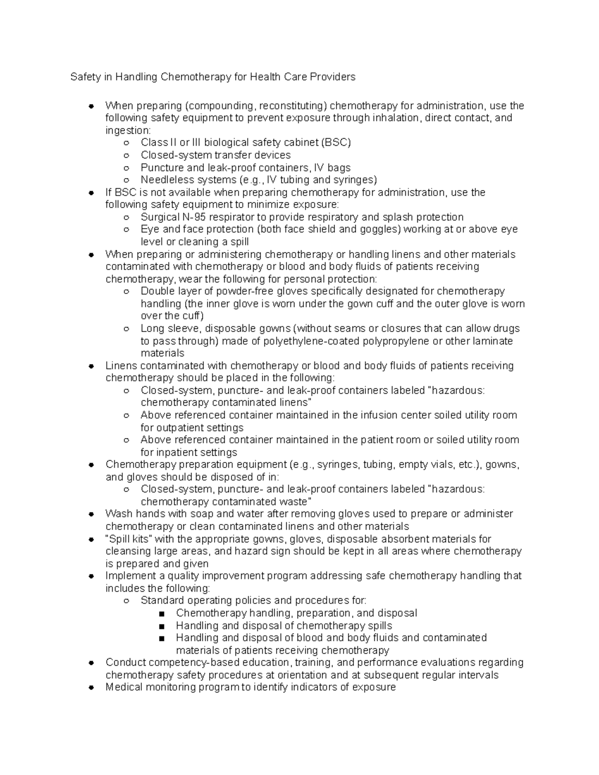 Chemo safety Safety in Handling Chemotherapy for Health Care Providers When preparing Studocu