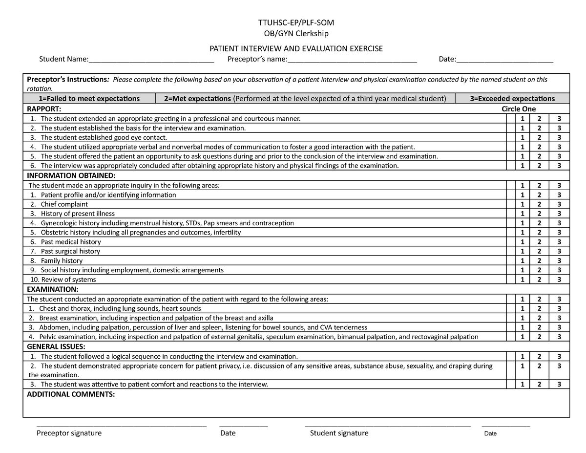 H Pevalform - Ttuhsc-ep Plf-som Ob Gyn Clerkship Patient Interview And 