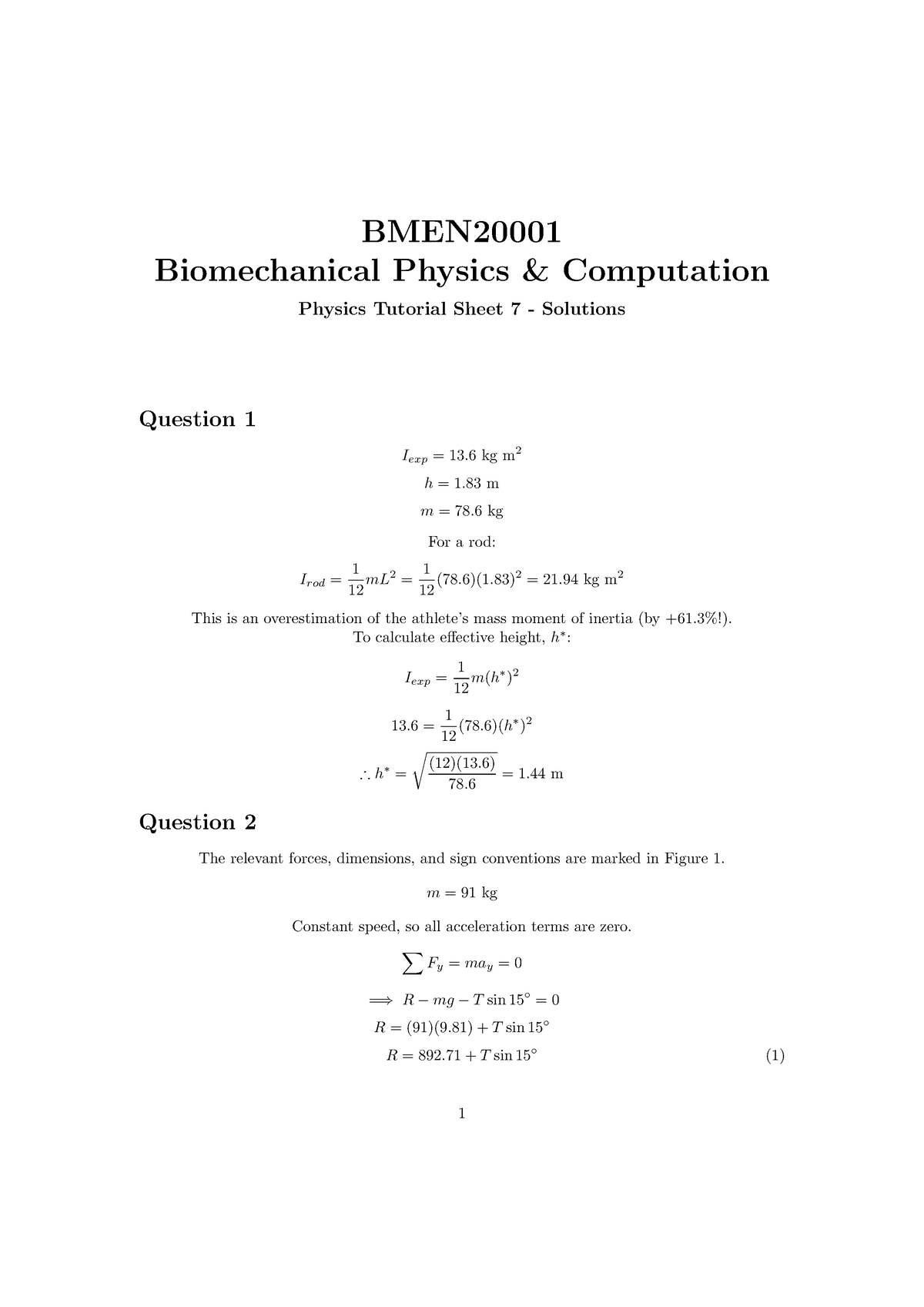 Physics Tutorial Sheet 7 Solutions - BMEN Biomechanical Physics ...