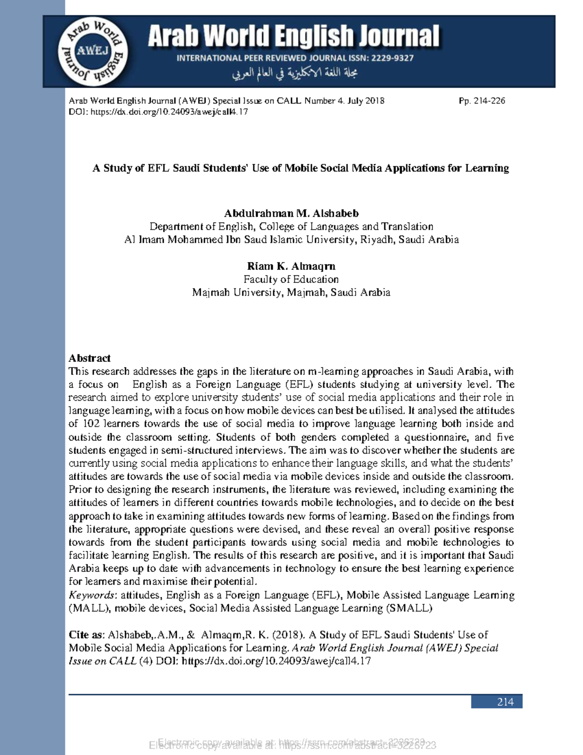 A Study of EFL Saudi Students' Use of Mobile Social Media Applications ...