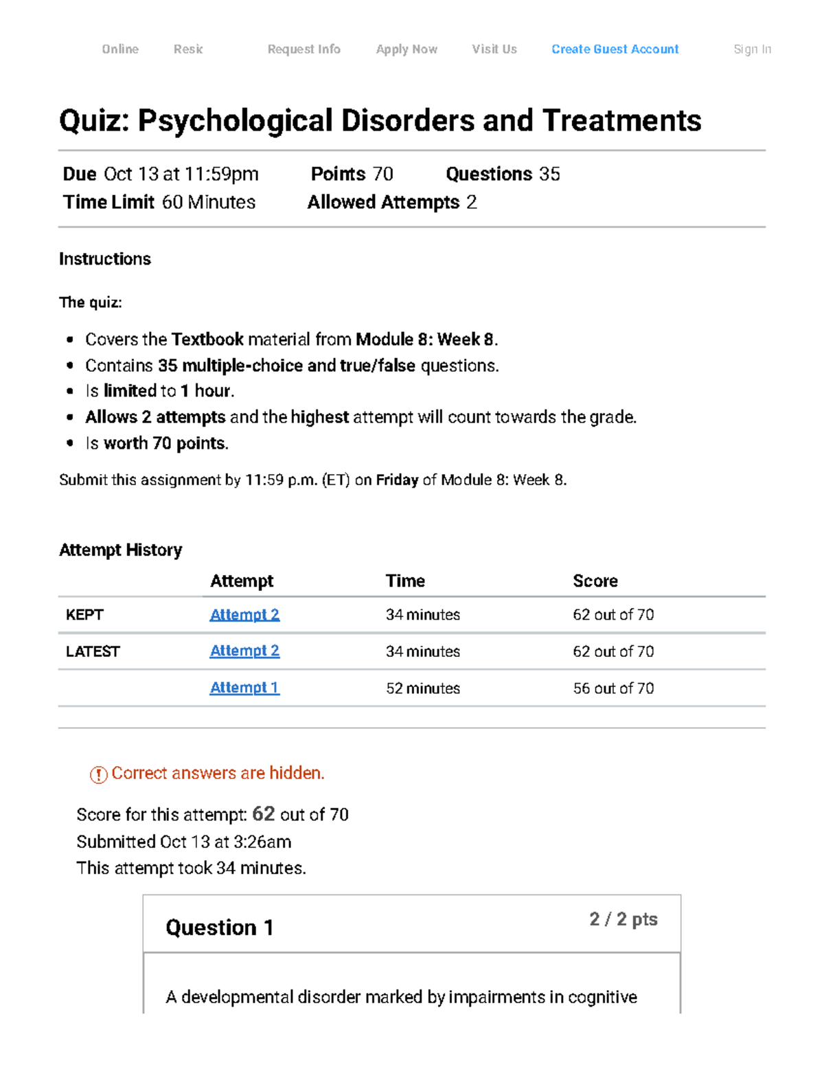 Quiz Psychological Disorders and Treatments PSYC101 Skip to Main