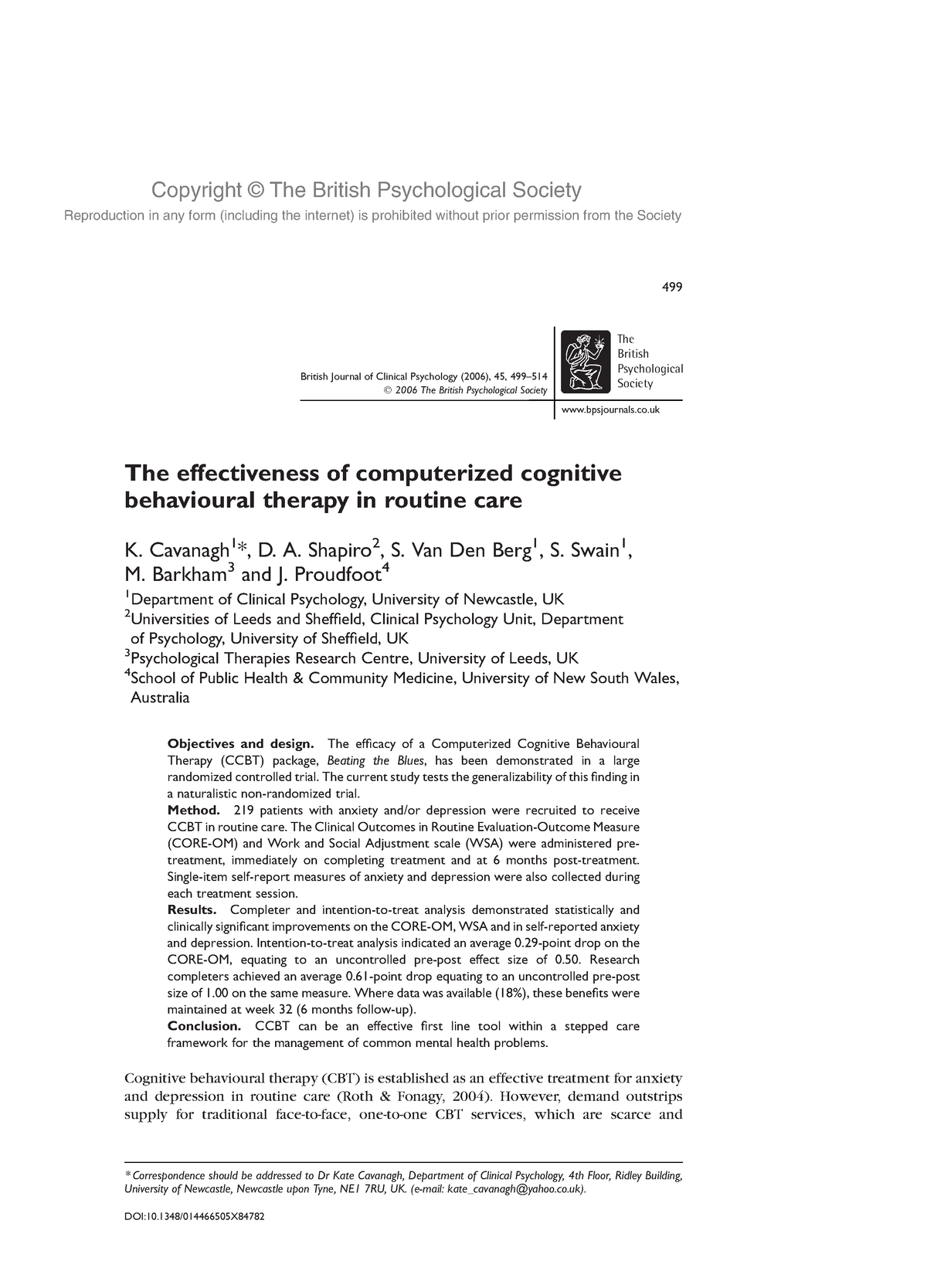 Effectiveness Computerized Cognitive Behavioural Therapy Routine Care ...