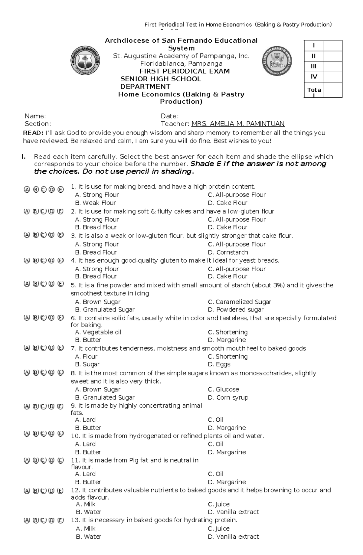 First periodical exam in he baking pastry production grade 11 page 1