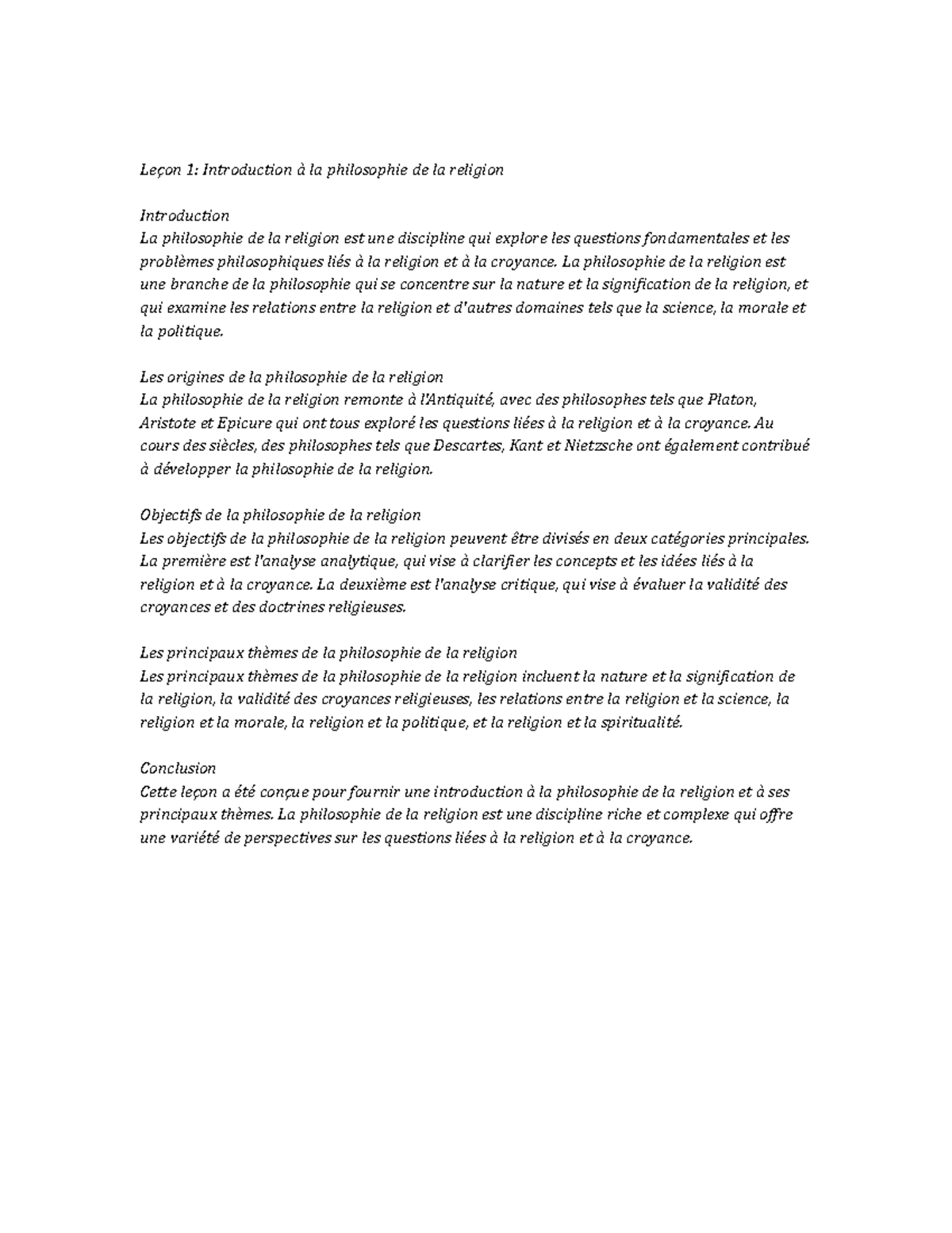 The Philosophy of Religion Notes de cours - Leçon 1: Introduction à la ...
