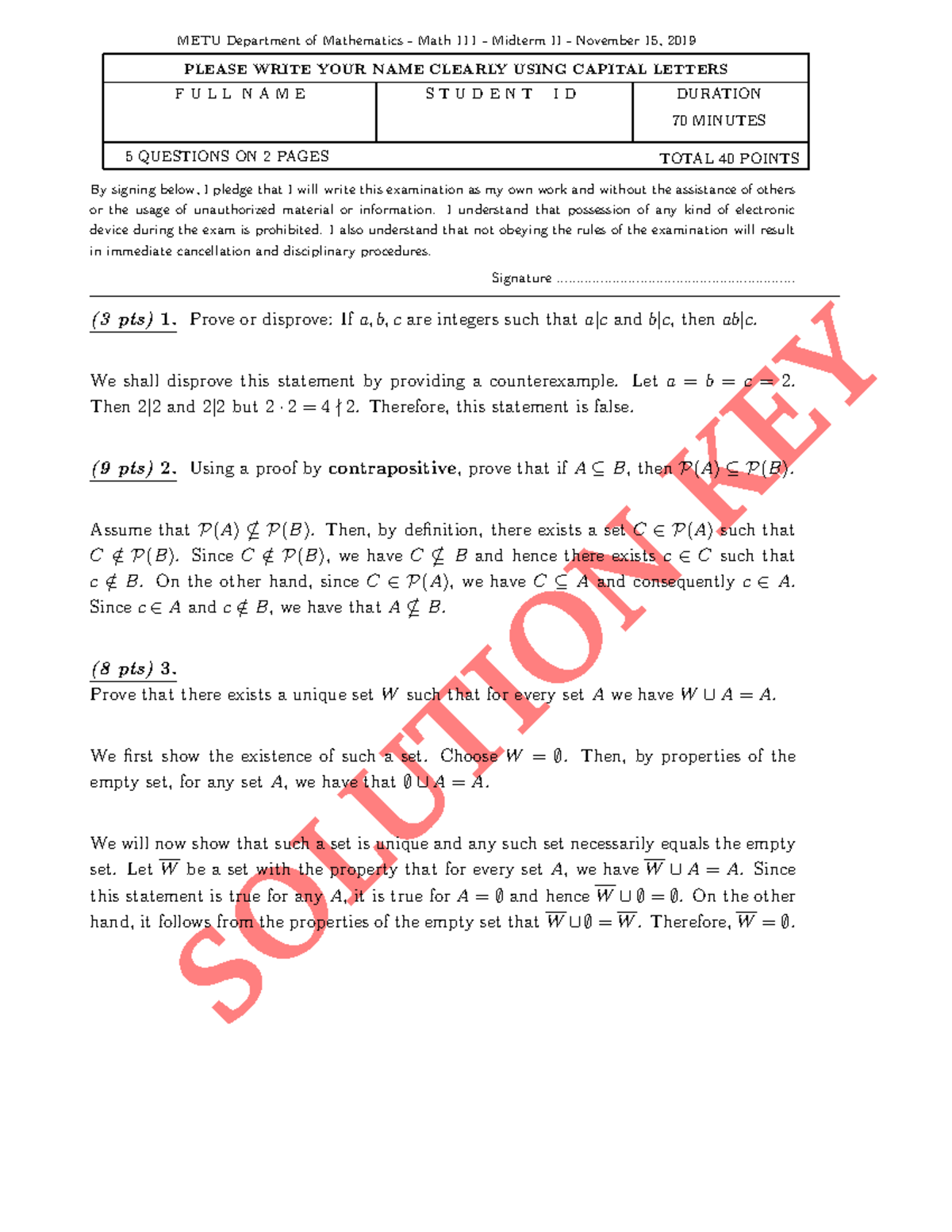 Past Midterm Exam - SOLUTION KEY S T U D E N T I D DURATION 70 MINUTES ...