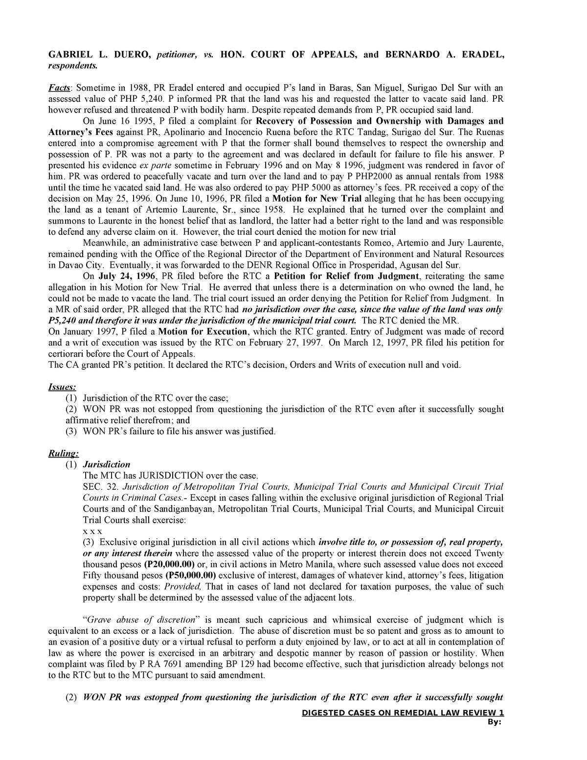 Cases-on-Jurisdiction - GABRIEL L. DUERO, petitioner, vs. HON. COURT OF ...