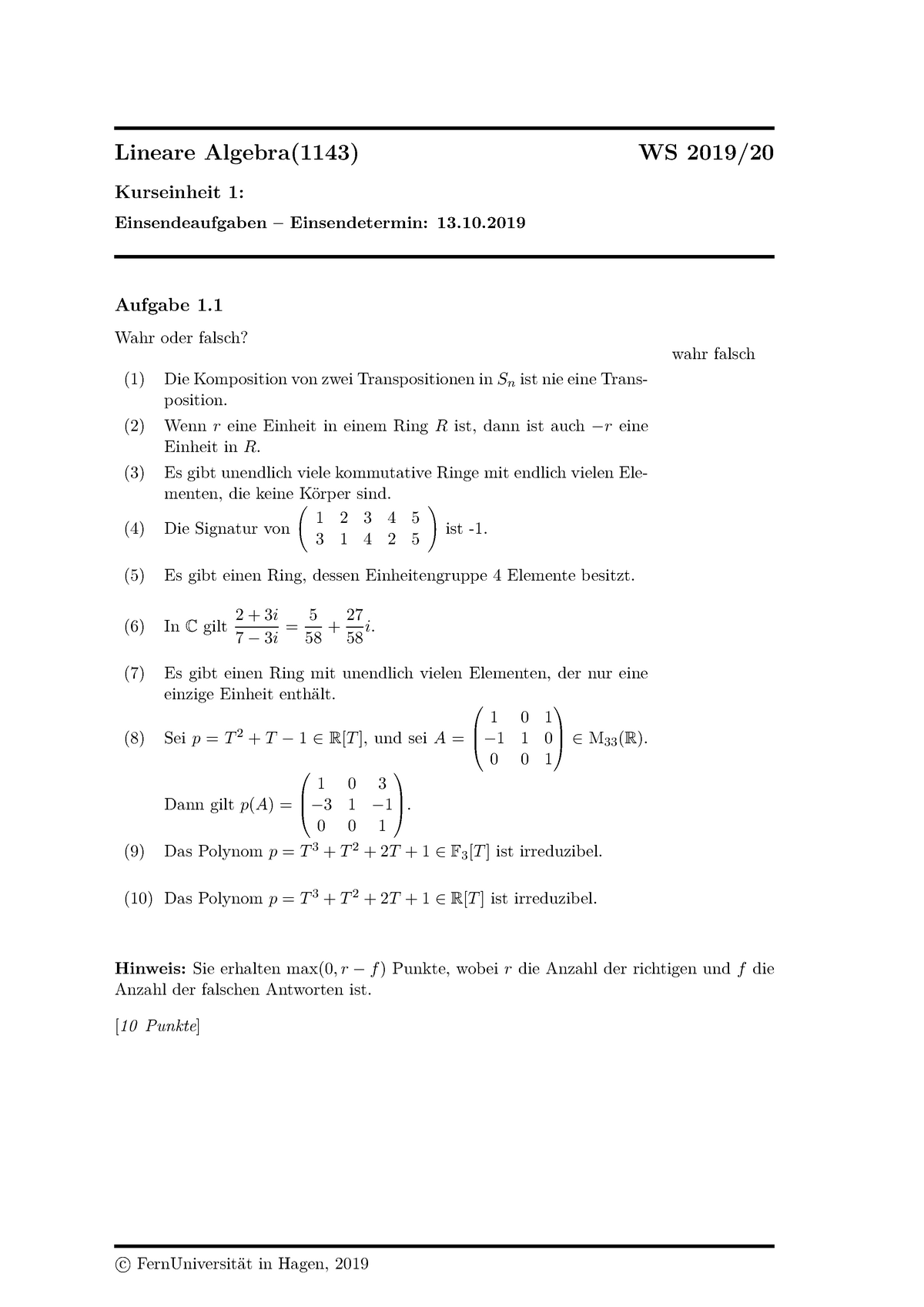 Einsendeaufgabe-1 - Aktuelle Einsendeaufgabe Zu KE1 (Algebraische ...