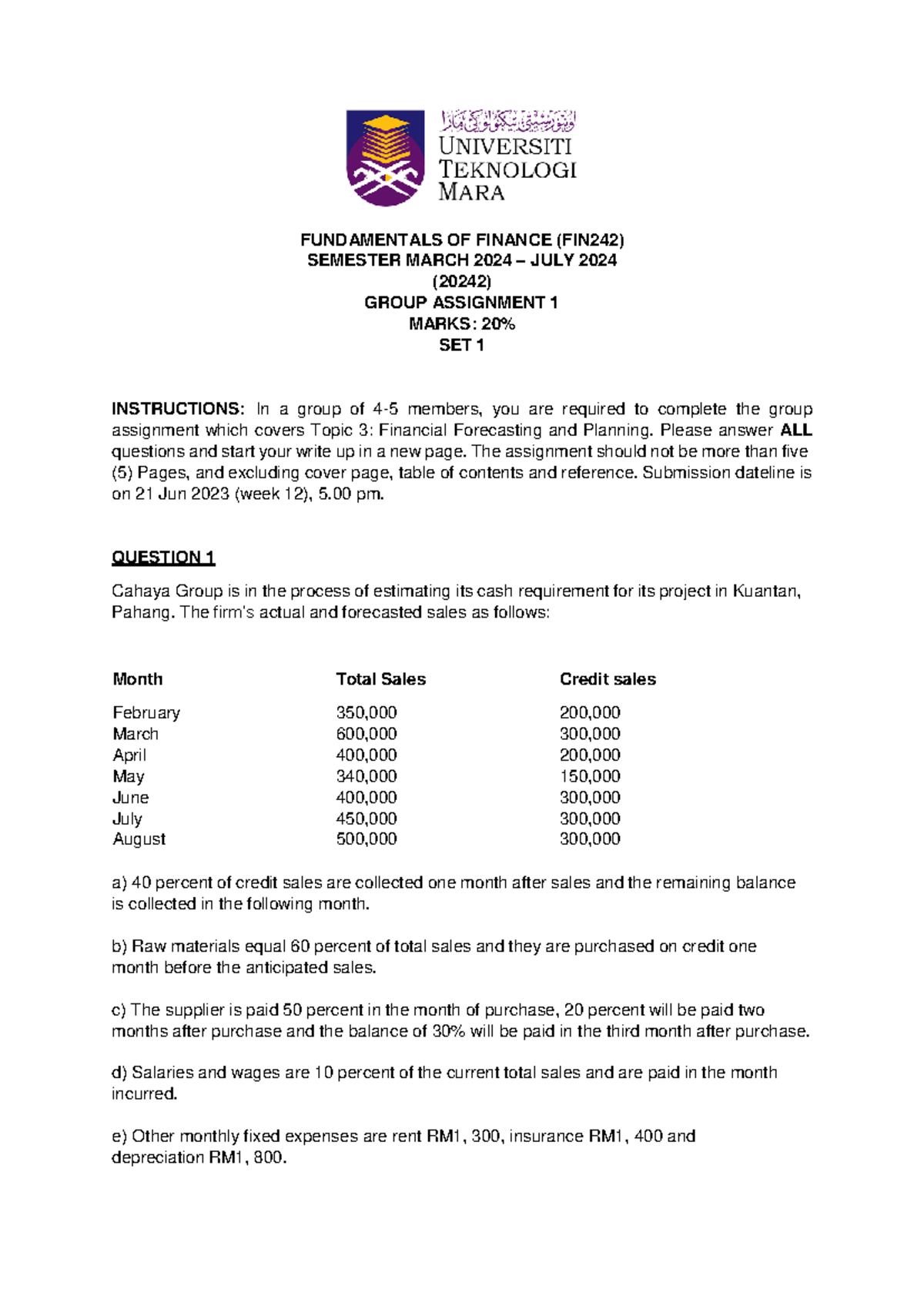 Assignment 1 - FIN242 SET 1- FUNDAMENTALS OF FINANCE (FIN242) SEMESTER ...