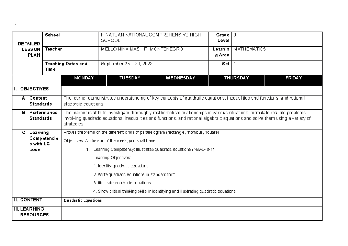 DLL in mathematics week 3 - ‘ DETAILED LESSON PLAN School HINATUAN ...