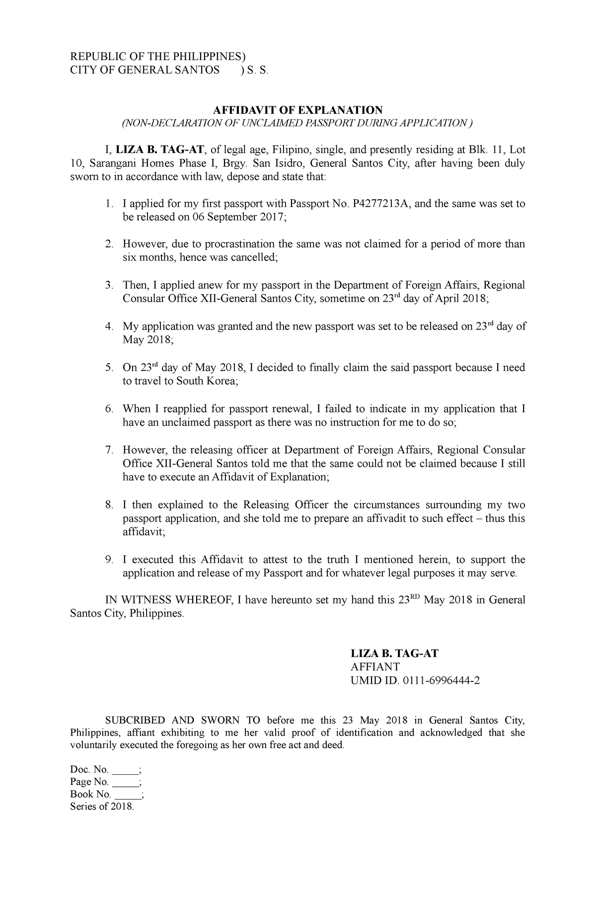 Affidavit Of Explanation Passport Republic Of The Philippines City Of General Santos S S 2484