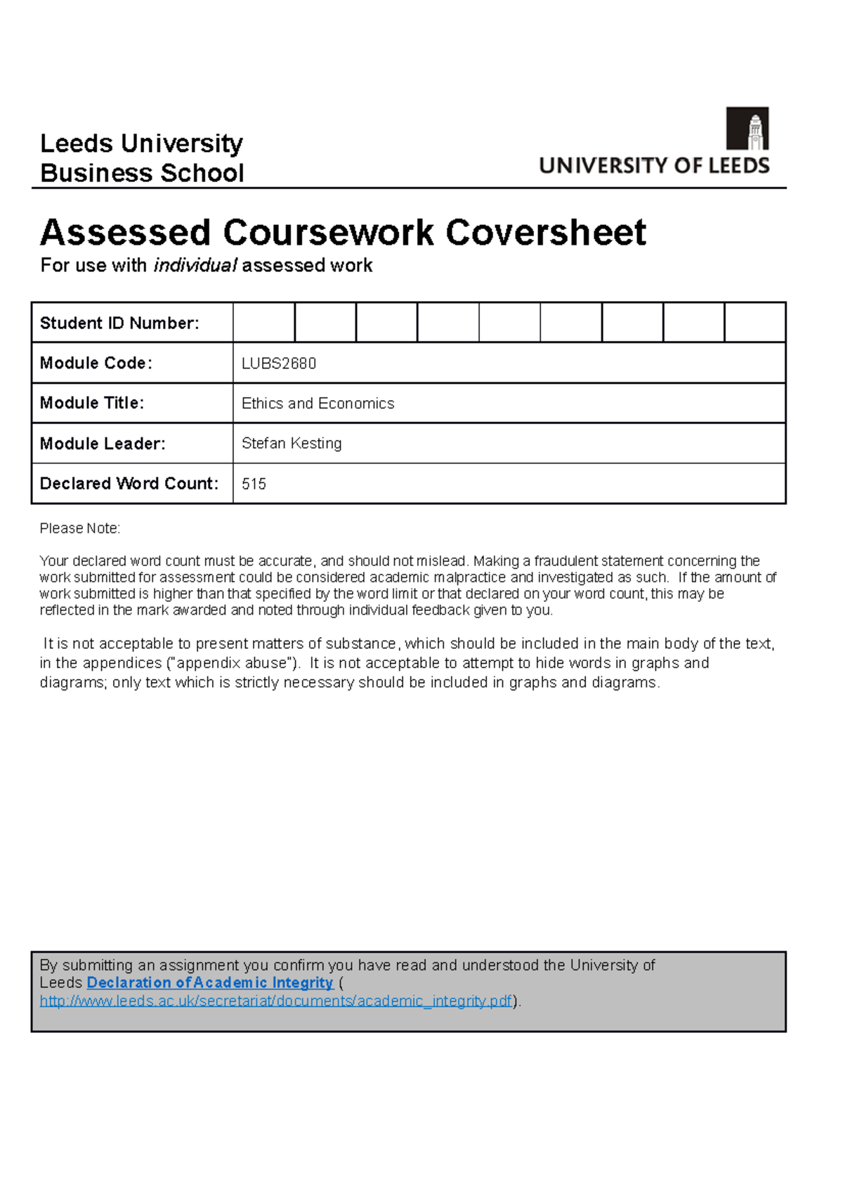 assessed coursework cover sheet leeds